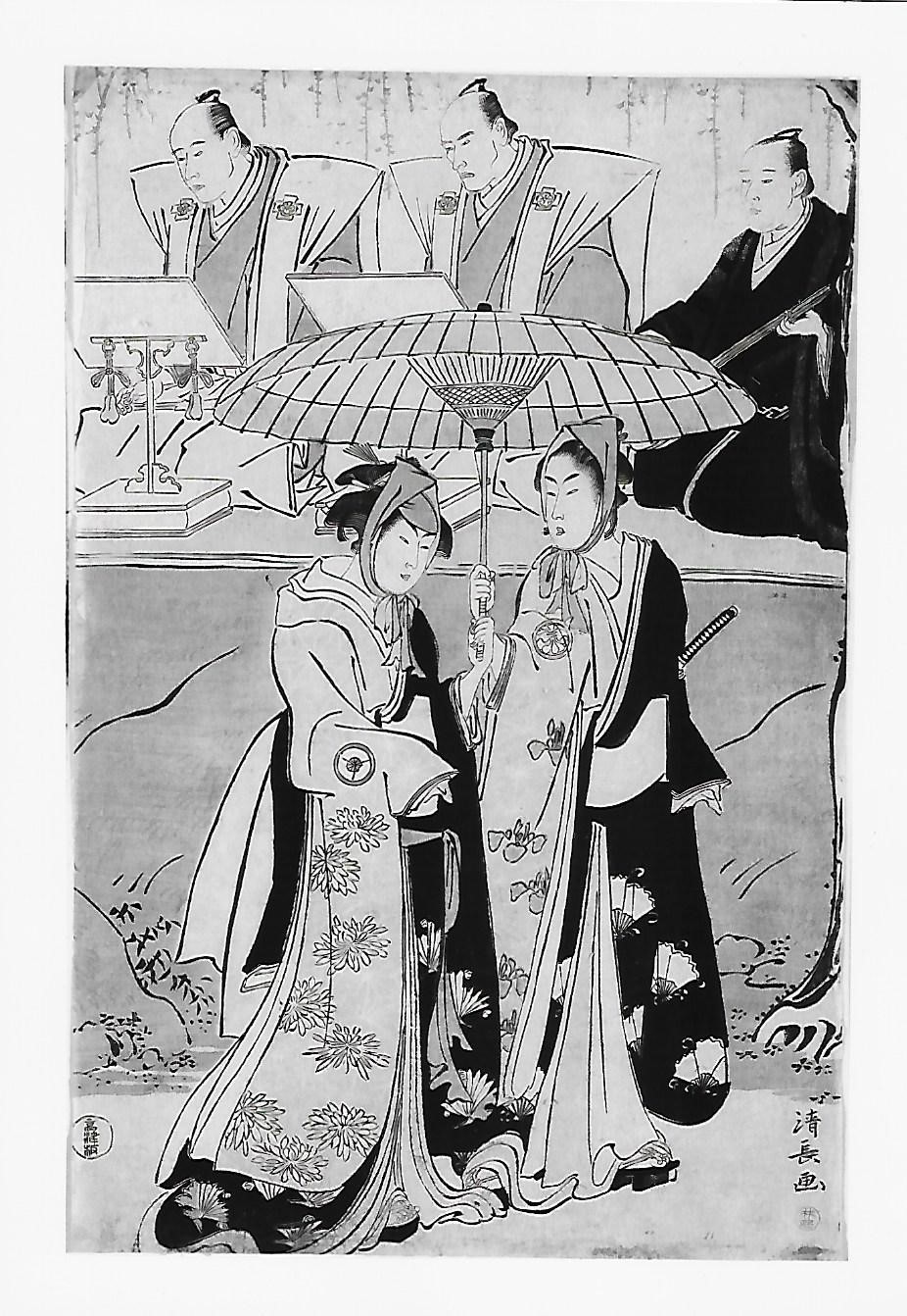 Attori e musicisti su un palcoscenico (stampa) di Torii Kiyonaga (seconda metà XVIII)