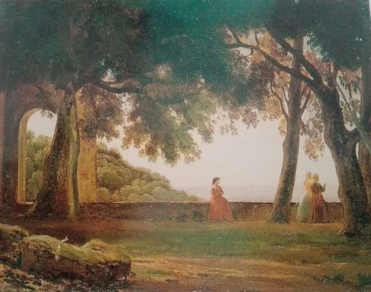 Parco con figure femminili (dipinto) di Corot Camille (scuola) (fine XIX)