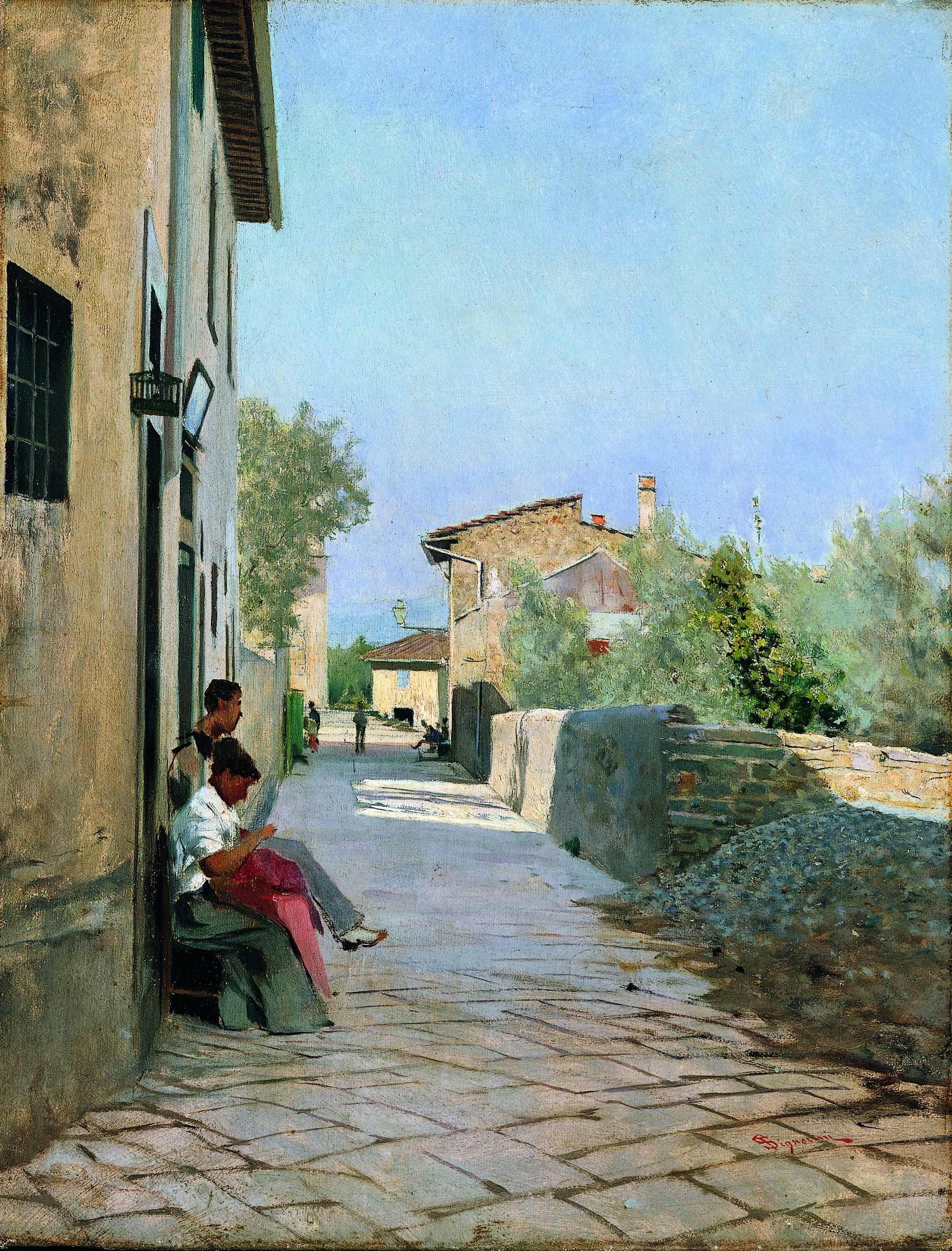 Strada a Settignano, Edifici e persone lungo la strada a Settignano (dipinto) di Signorini Telemaco (attribuito) (XIX)