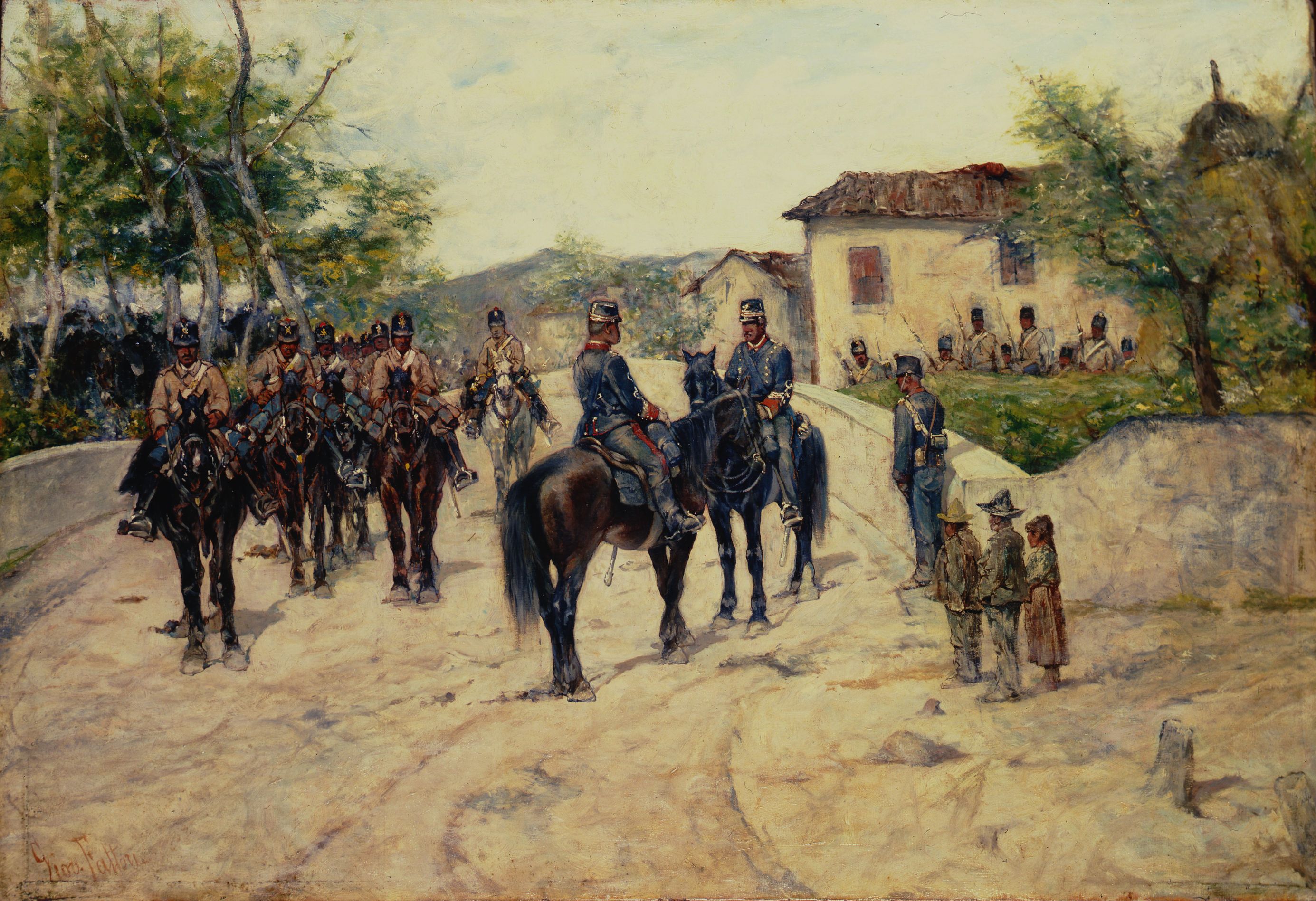 Sosta di cavalleria, Soldati a cavallo (dipinto) di Fattori Giovanni (attribuito) (XIX)
