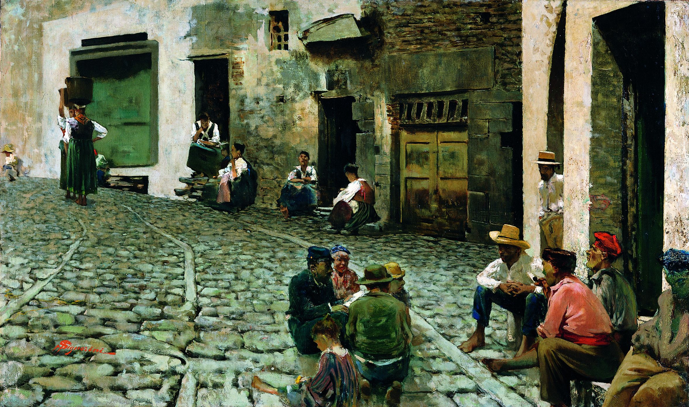 Ore d'ozio a Riomaggiore, Personaggi lungo una via di Riomaggiore (dipinto) di Signorini Telemaco (attribuito) (XIX)