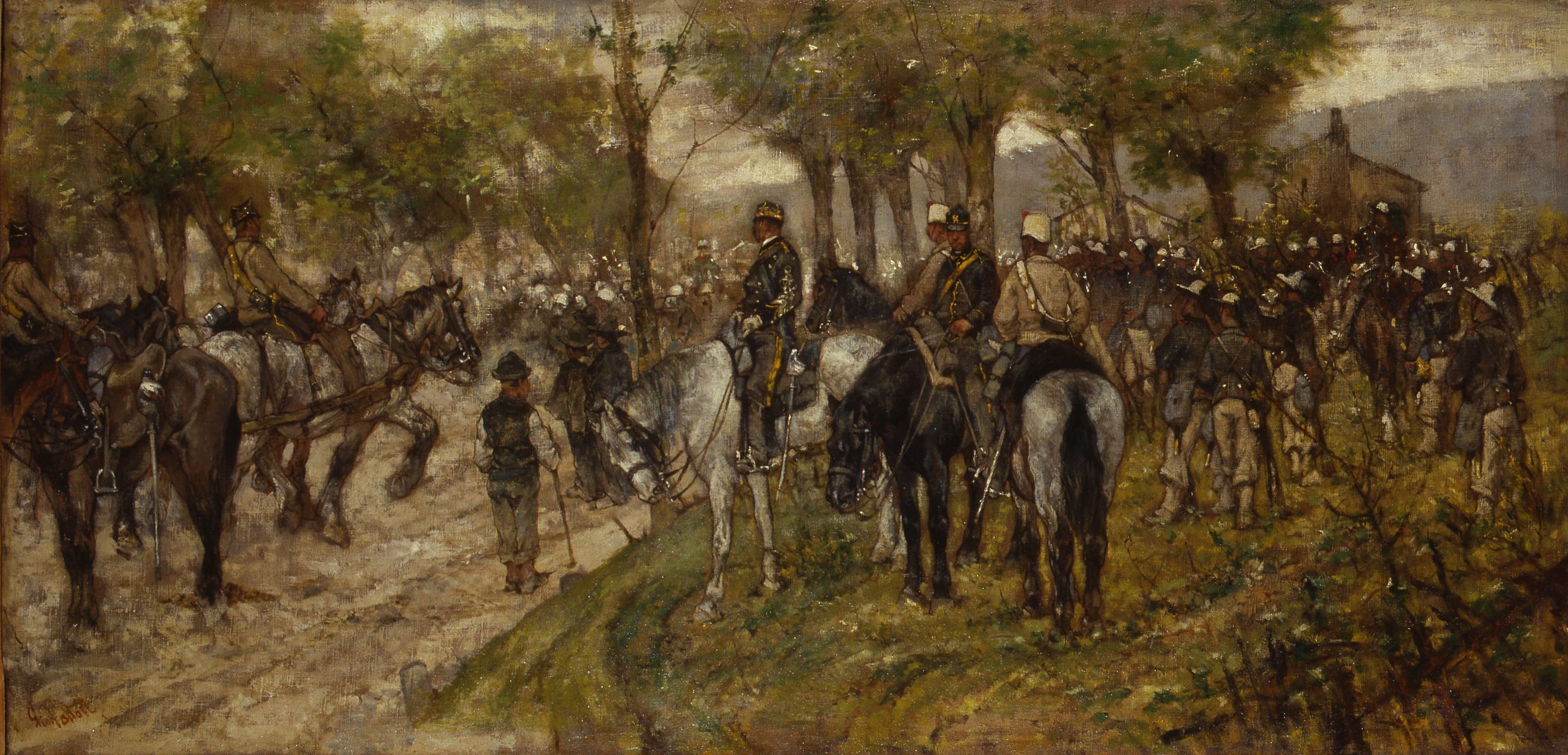 Grandi manovre, Soldati a cavallo (dipinto) di Fattori Giovanni (attribuito) (XIX)