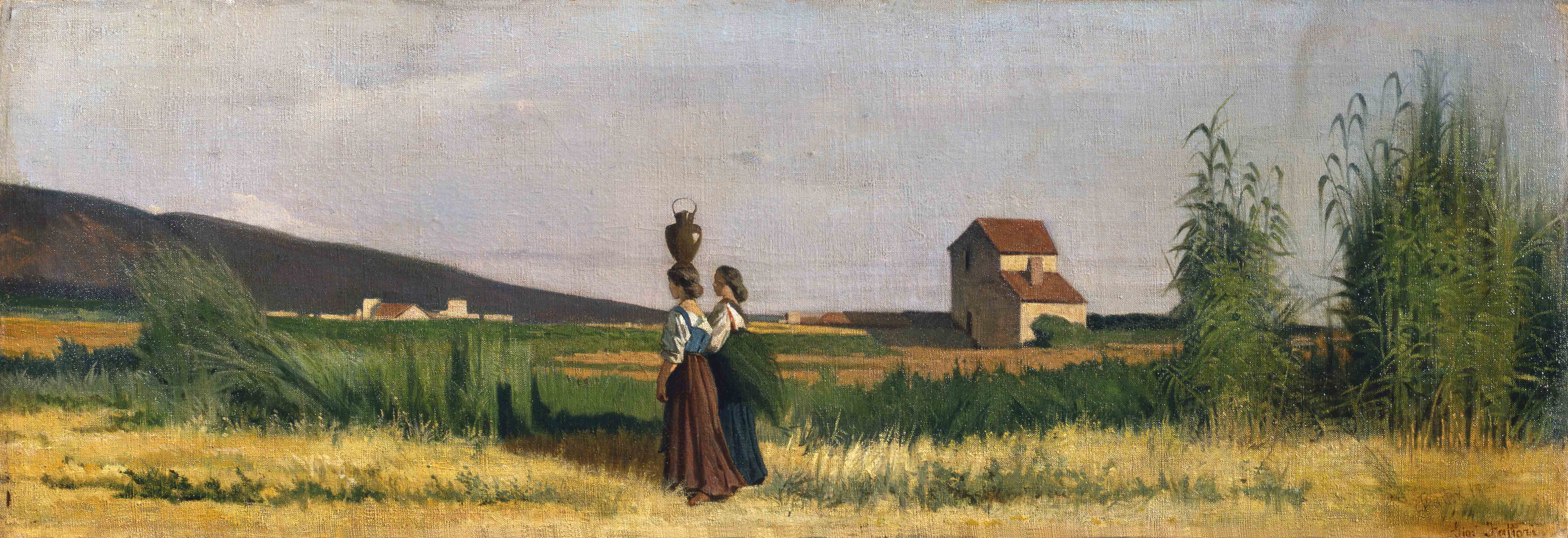 Acquaiole livornesi, Due donne in un campo (dipinto) di Fattori Giovanni (attribuito) (XIX)