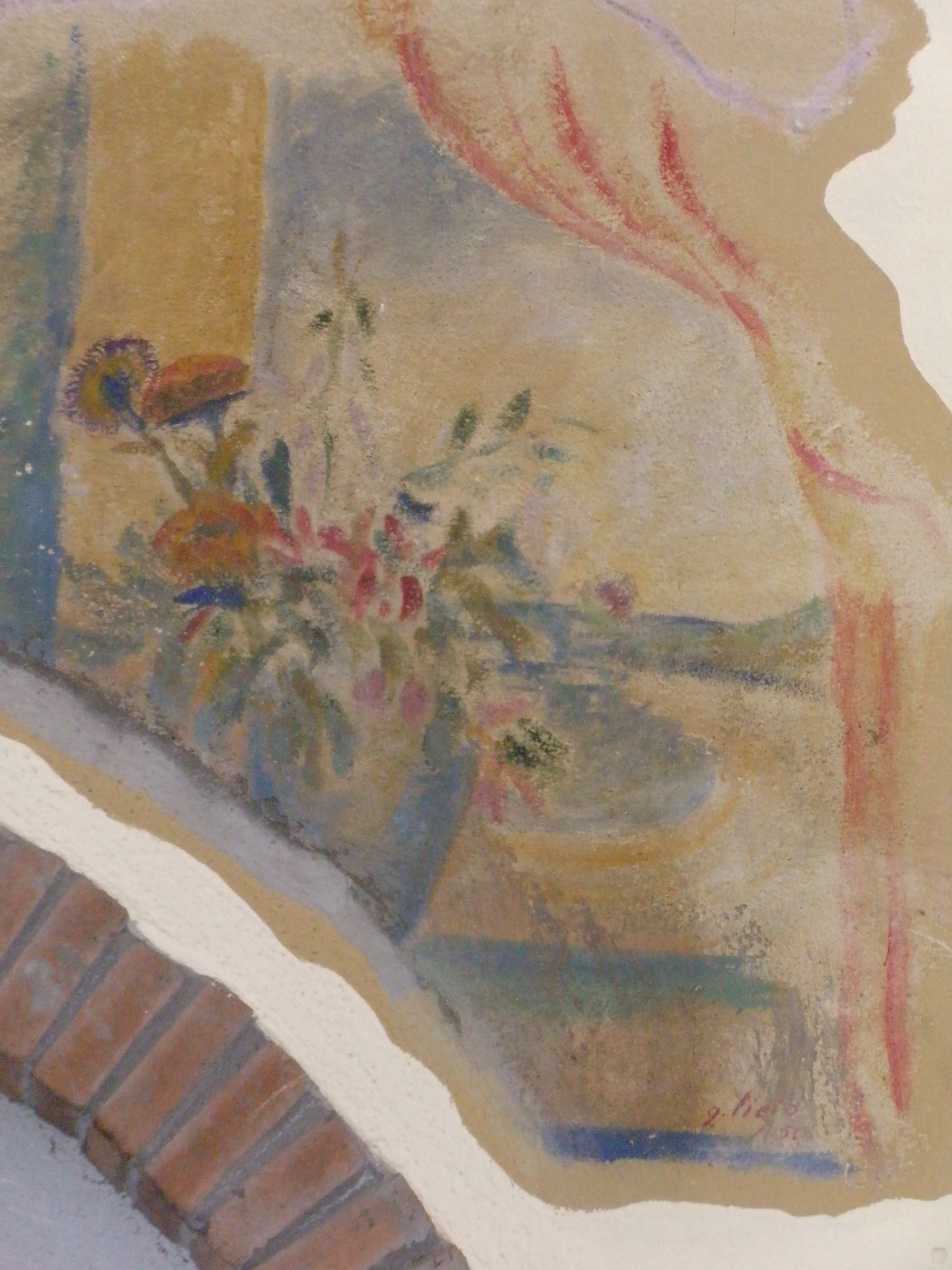 Vaso con fiori, sullo sfondo di un paesaggio marino (dipinto) di Lieto Beppe - ambito toscano (XX)