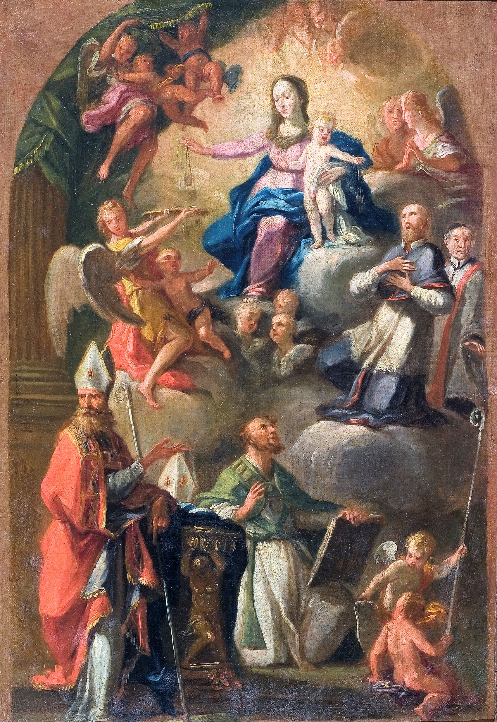 Madonna col Bambino, angeli e santi (dipinto, opera isolata) di Conca Sebastiano (cerchia) - ambito romano (metà XVIII)