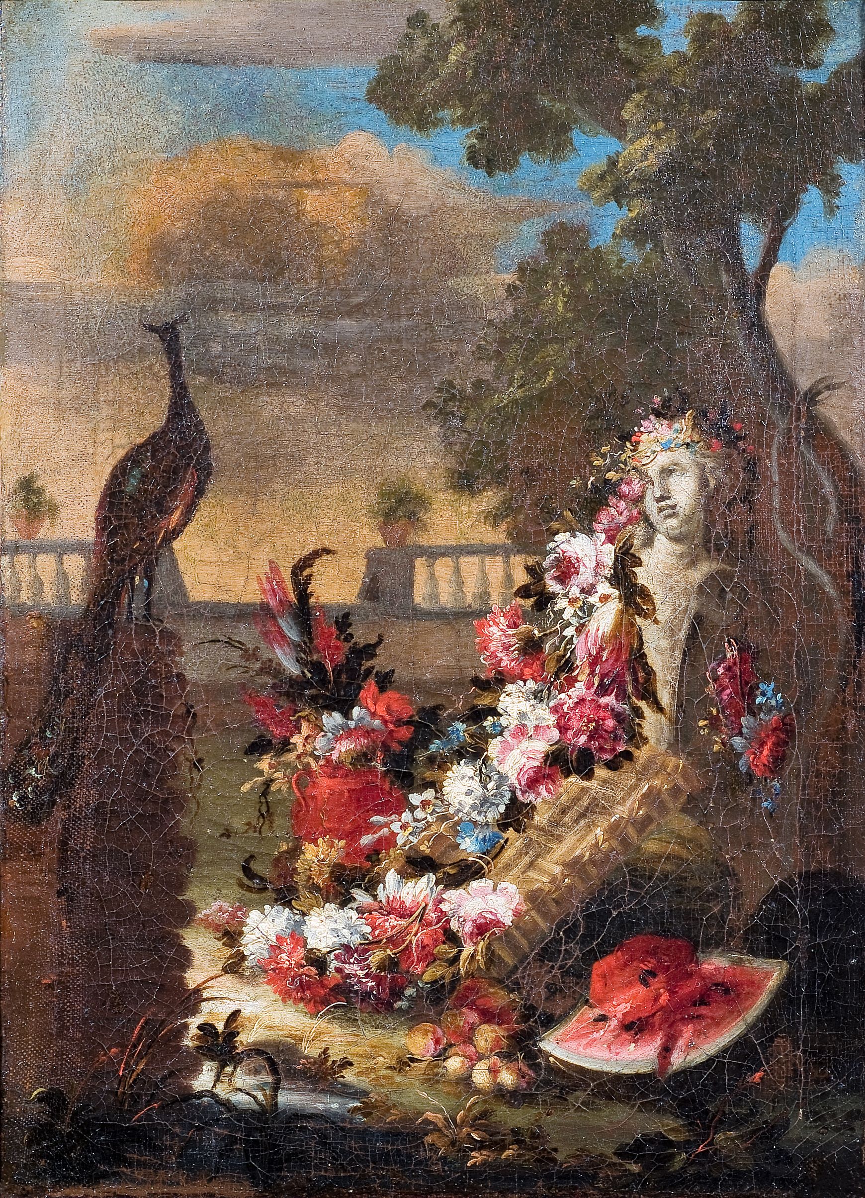 Festone di fiori su un’erma in giardino (dipinto, opera isolata) di Gasparo Lopez (cerchia) - ambito napoletano (prima metà XVIII)