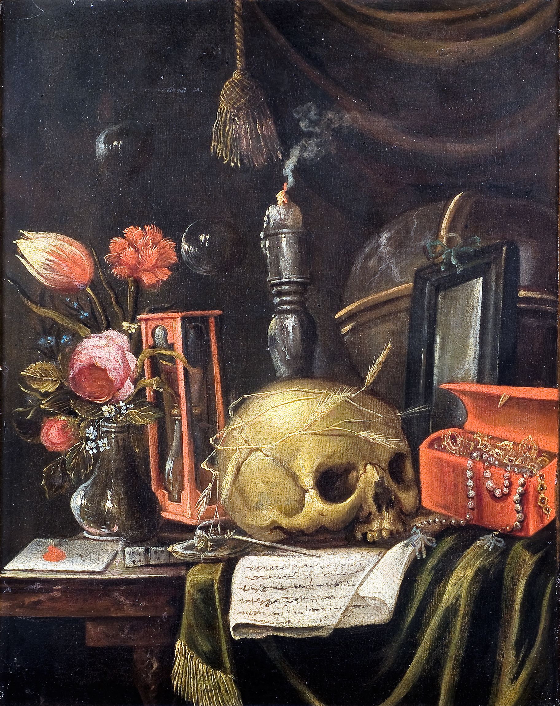 Vanitas (dipinto, opera isolata) di Simon Renard de Saint-Andrè (cerchia) - ambito francese (seconda metà XVII)