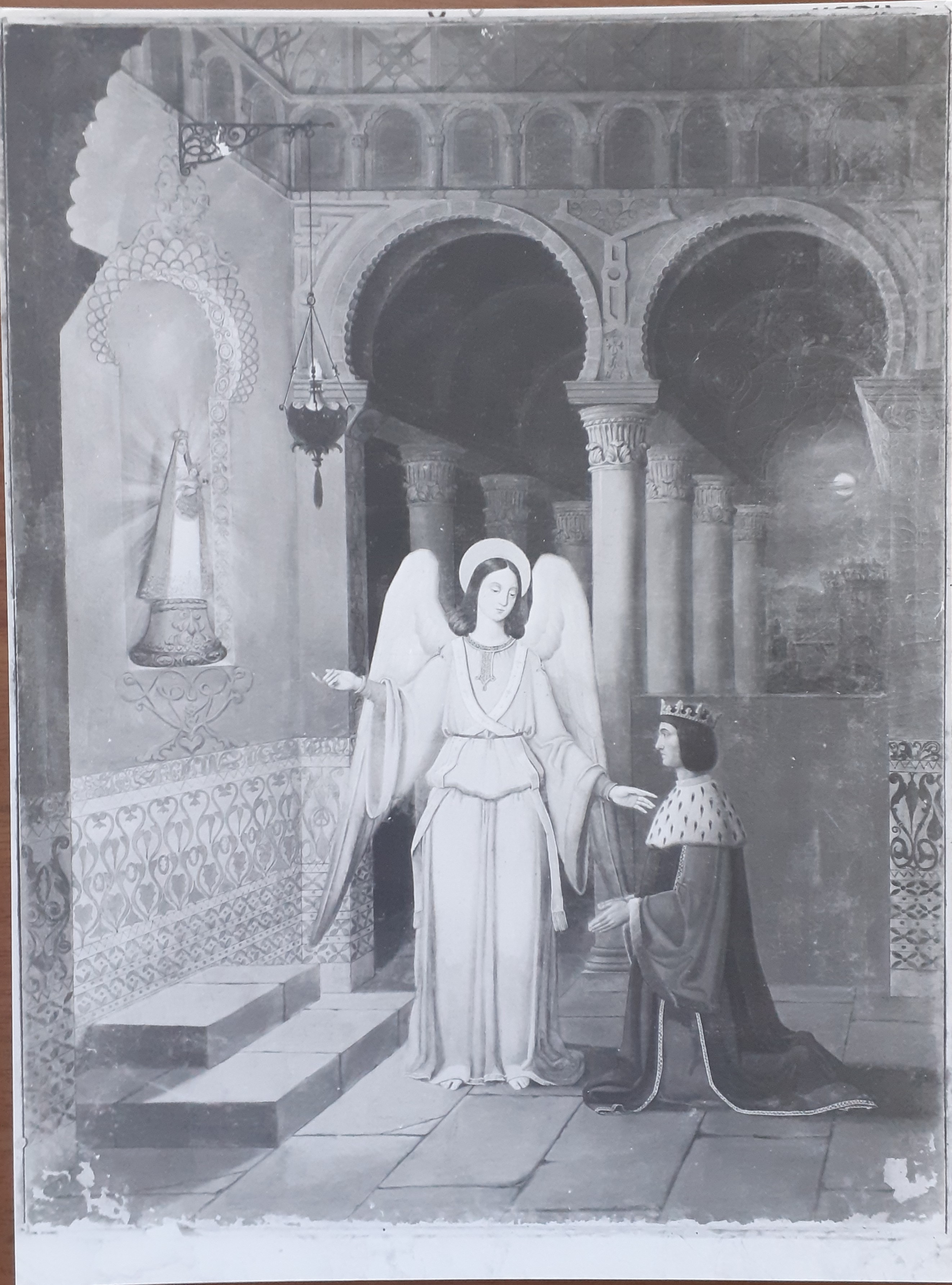 Dipinto raffigurante: "L'interno di una Chiesa con un Re in preghiera, un angelo ed una Madonna" (dipinto) - ambito europeo (prima metà XIX Secolo)