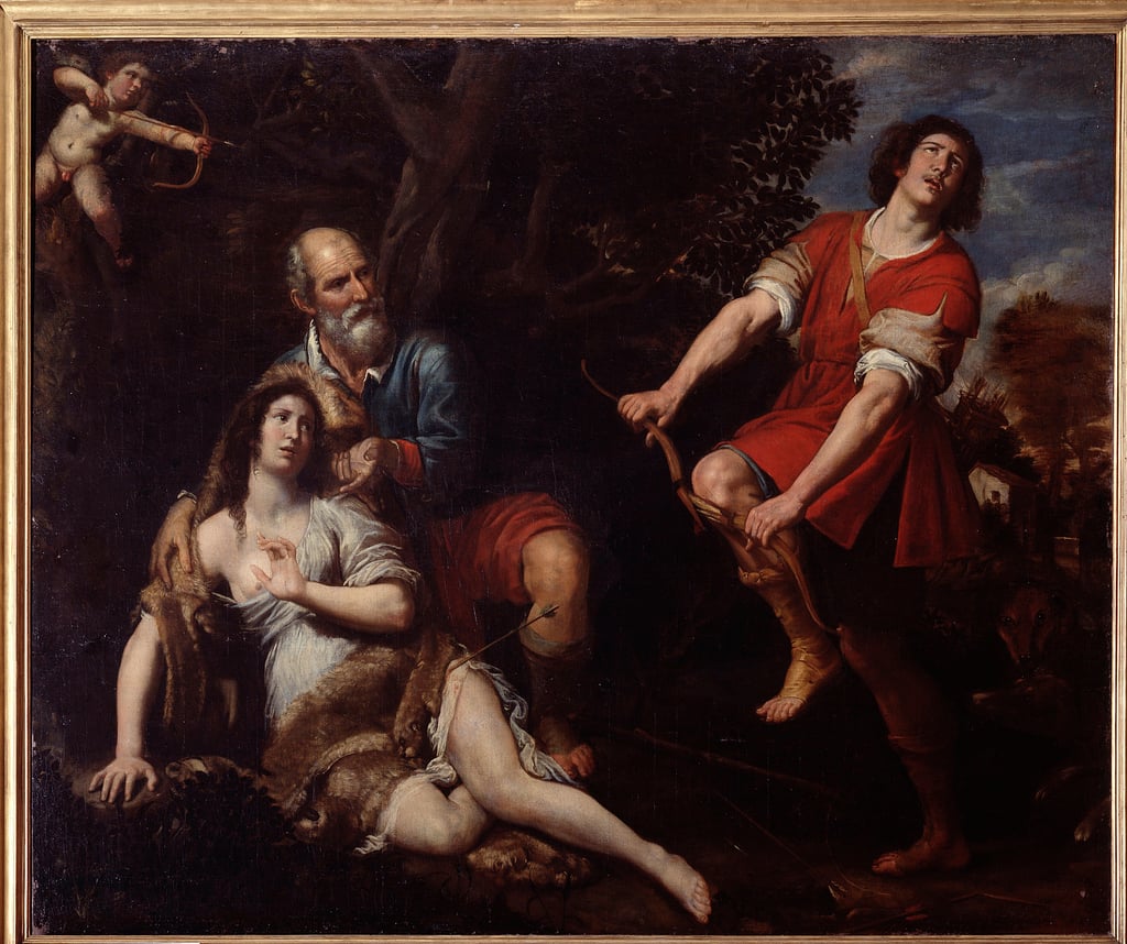 Silvio e Dorinda, Silvio trova Dorinda ferita sorretta da Linco (dipinto, opera isolata) di Fiasella Domenico detto Sarzana (metà XVII)