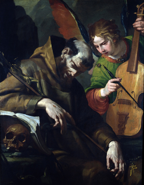 San Francesco confortato da un angelo musico, San Francesco d'Assisi morente ha la visione dell'angelo che suona il violino (dipinto, opera isolata) di Assereto Gioacchino (anni trenta XVII)