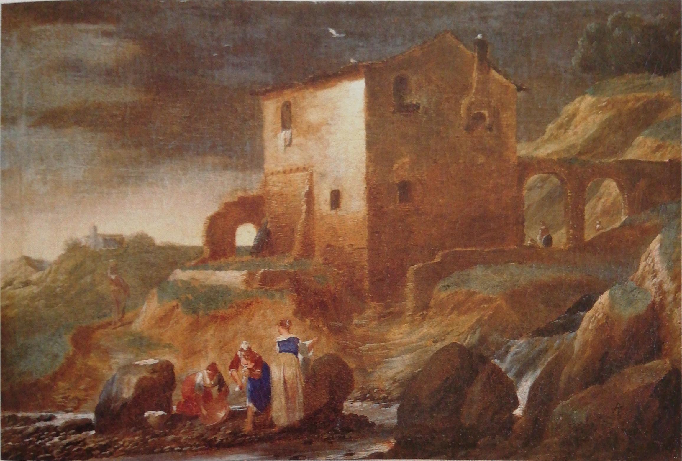 Paesaggio con casolare e lavandaie, paesaggio fluviale (dipinto, opera isolata) di Travi Antonio (anni quaranta XVII)