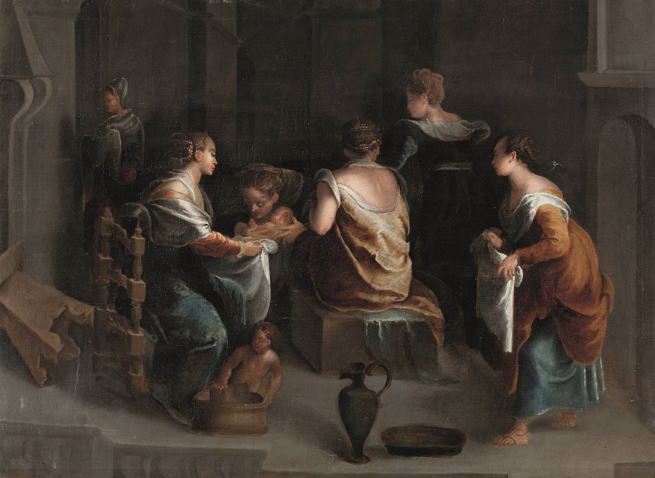 Natività della Vergine, nascita della Vergine (dipinto, opera isolata) di de' Marescalchi Pietro (XVI)