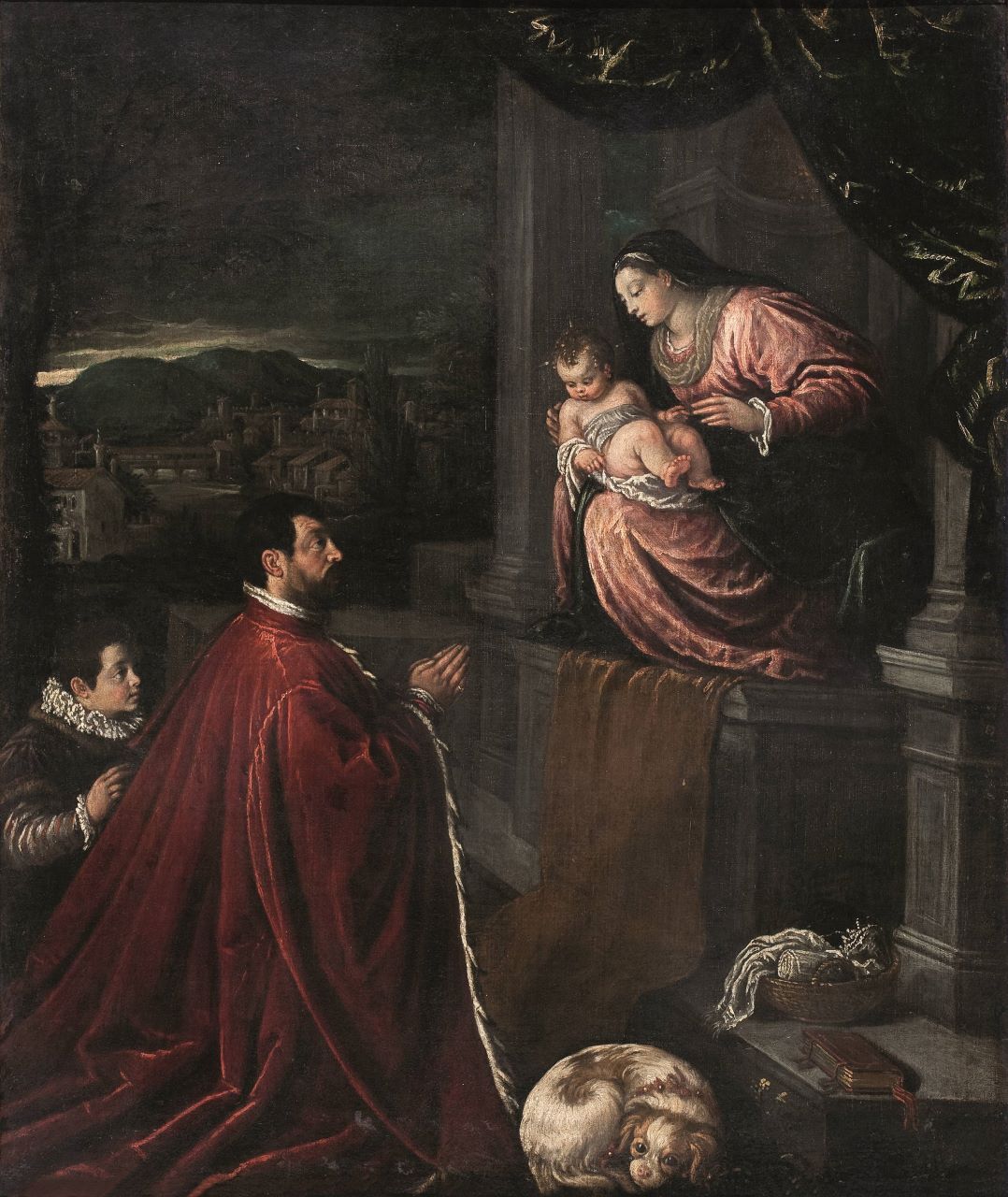 Un podestà di Bassano dinanzi alla Vergine, Madonna con il Bambino e committente (dipinto, opera isolata) di Dal Ponte Leandro detto Leandro Bassano (XVI)