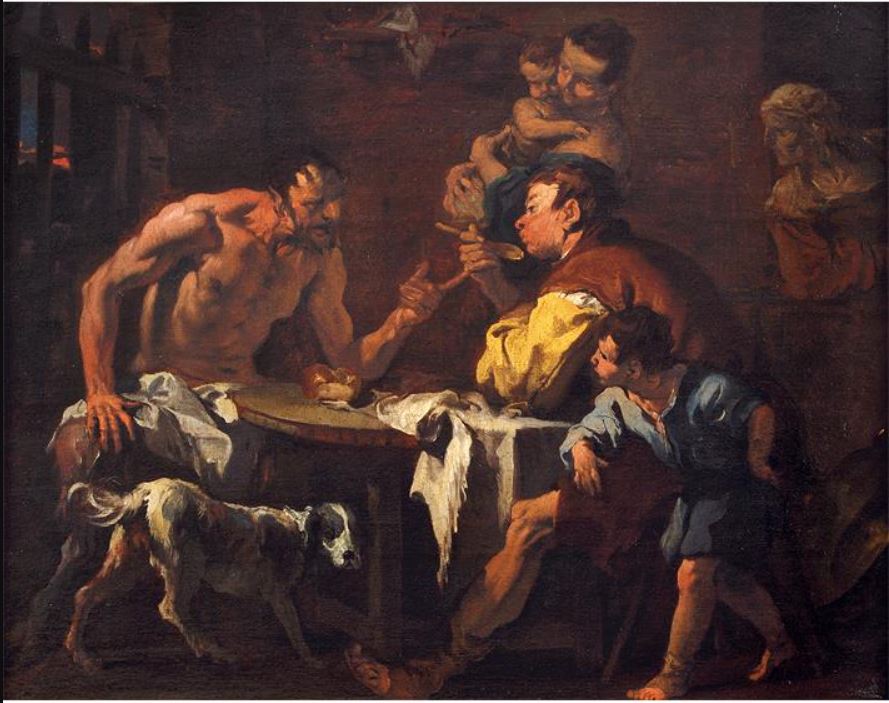 L’uomo e il satiro, figure umane e satiro (dipinto, opera isolata) di Ricci Sebastiano (XVIII)
