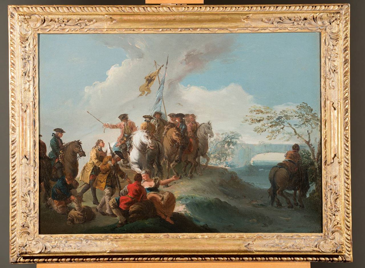Riposo dalla battaglia, scena di battaglia (dipinto, opera isolata) - ambito nordico (XVIII)