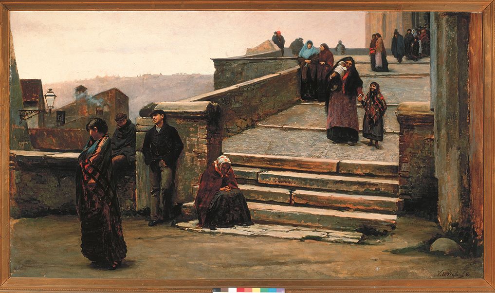 Vespro, scena di vita quotidiana (dipinto, opera isolata) di De Stefani Vincenzo (XIX)