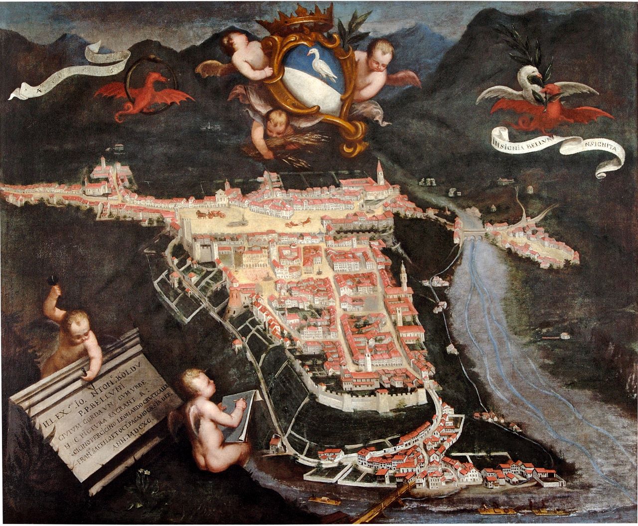 Pianta prospettica della città di Belluno, planimetria di città (dipinto, opera isolata) di Falce Domenico (XVII)