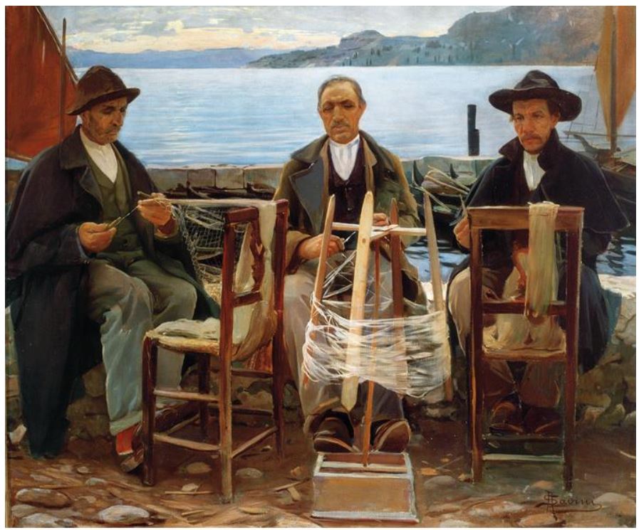 Pescatori a Garda, scena di genere (dipinto, opera isolata) di Savini Alfredo (XX)