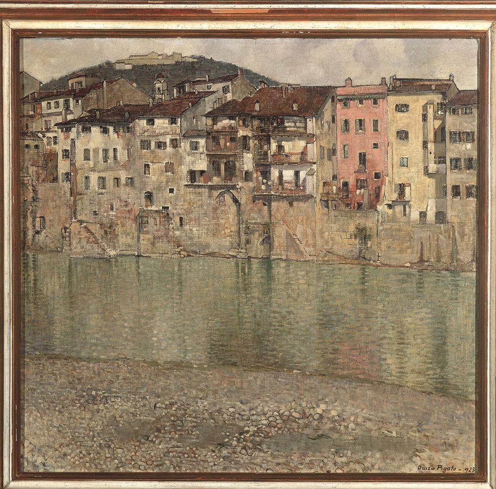 Case sull'Adige a Santo Stefano, paesaggio (dipinto, opera isolata) di Pigato Orazio (XX)