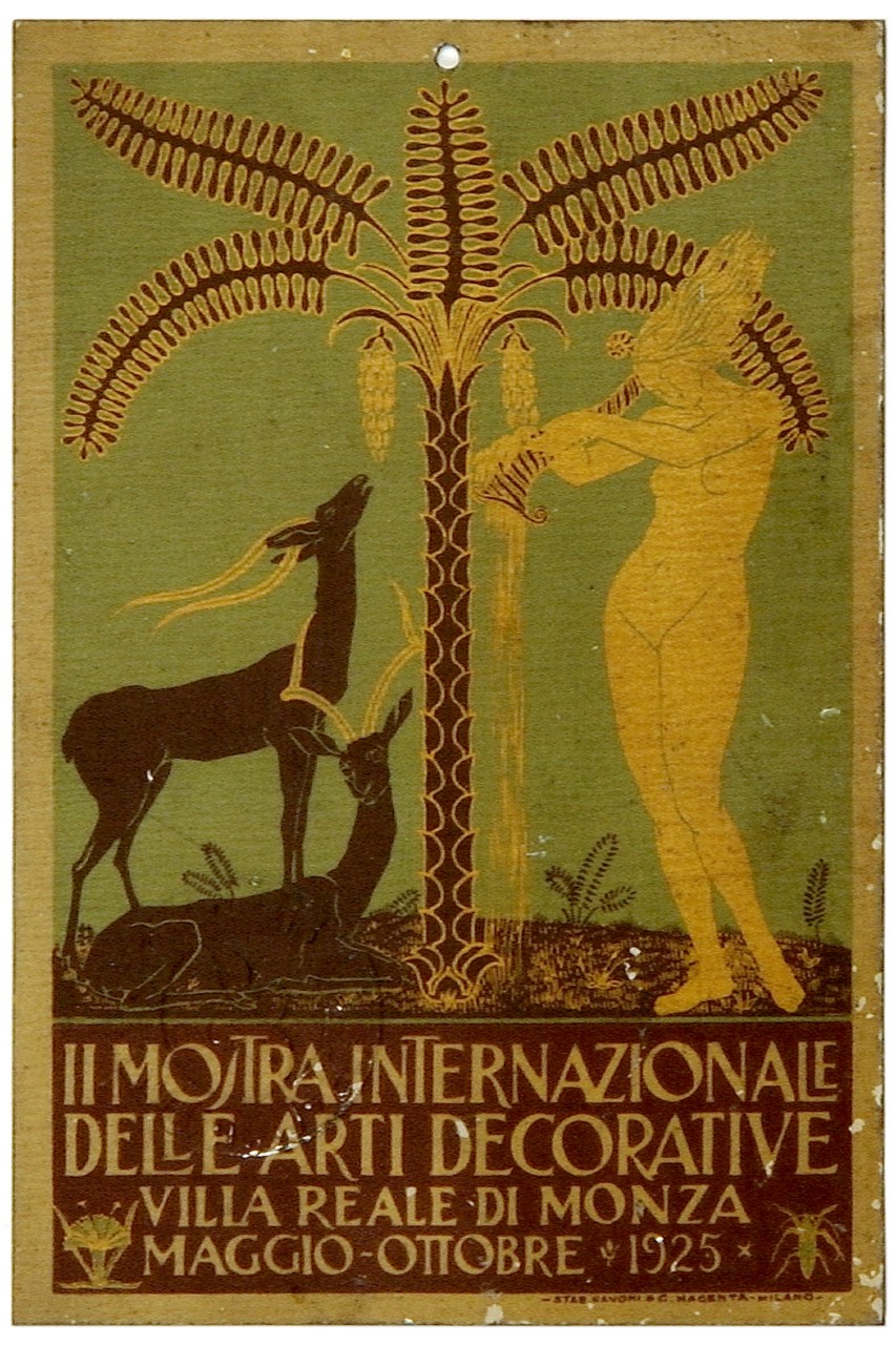 figura femminile con cornucopia e gazzelle accanto a palma (tabella) di Guerrini Giovanni (XX)