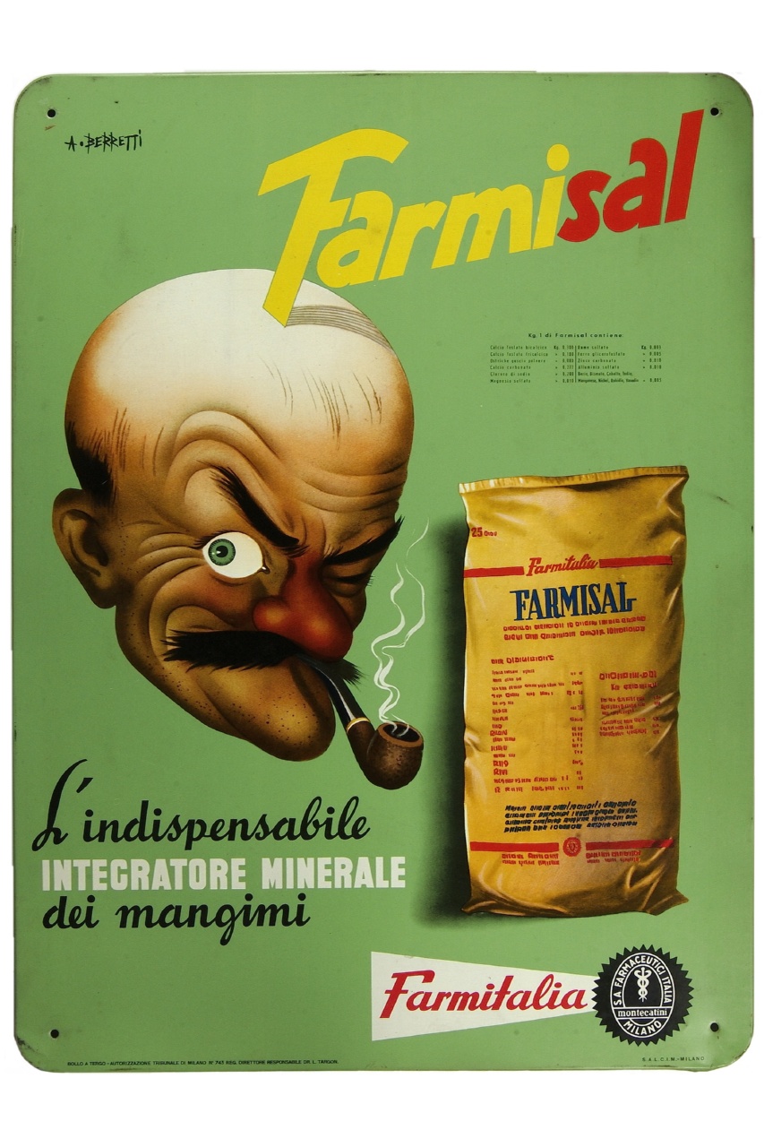volto maschile con pipa accanto a busta di integratore minerale (tabella) di Berretti Alessandro (metà XX)