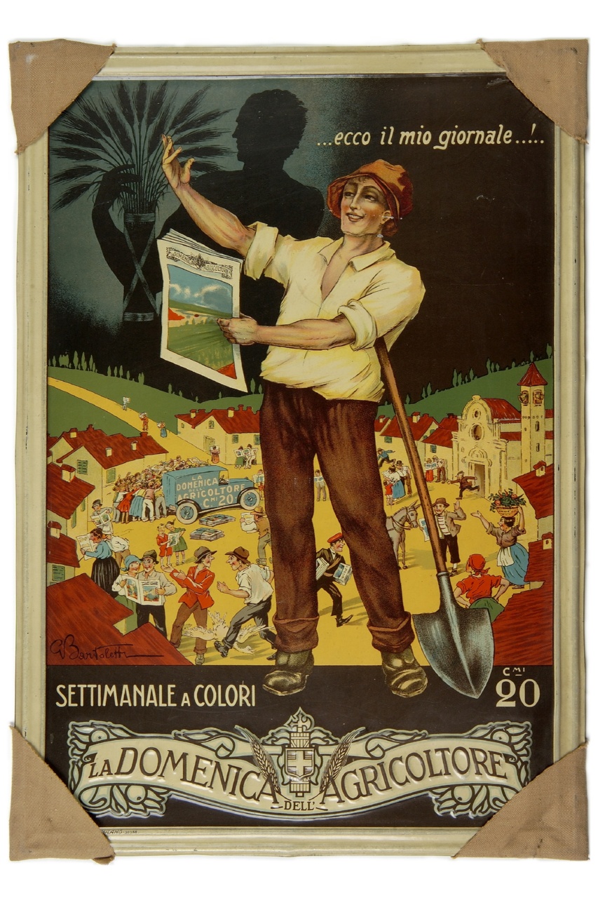 agricoltore con vanga regge giornale (tabella) di Bartoletti G (secondo quarto XX)