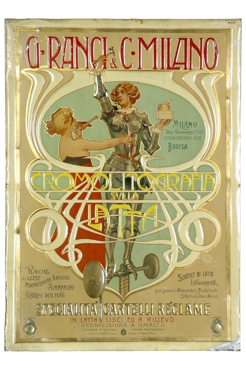 figura femminile in armatura sorregge scatole di latta (tabella) di Mataloni Giovanni Maria (XIX)