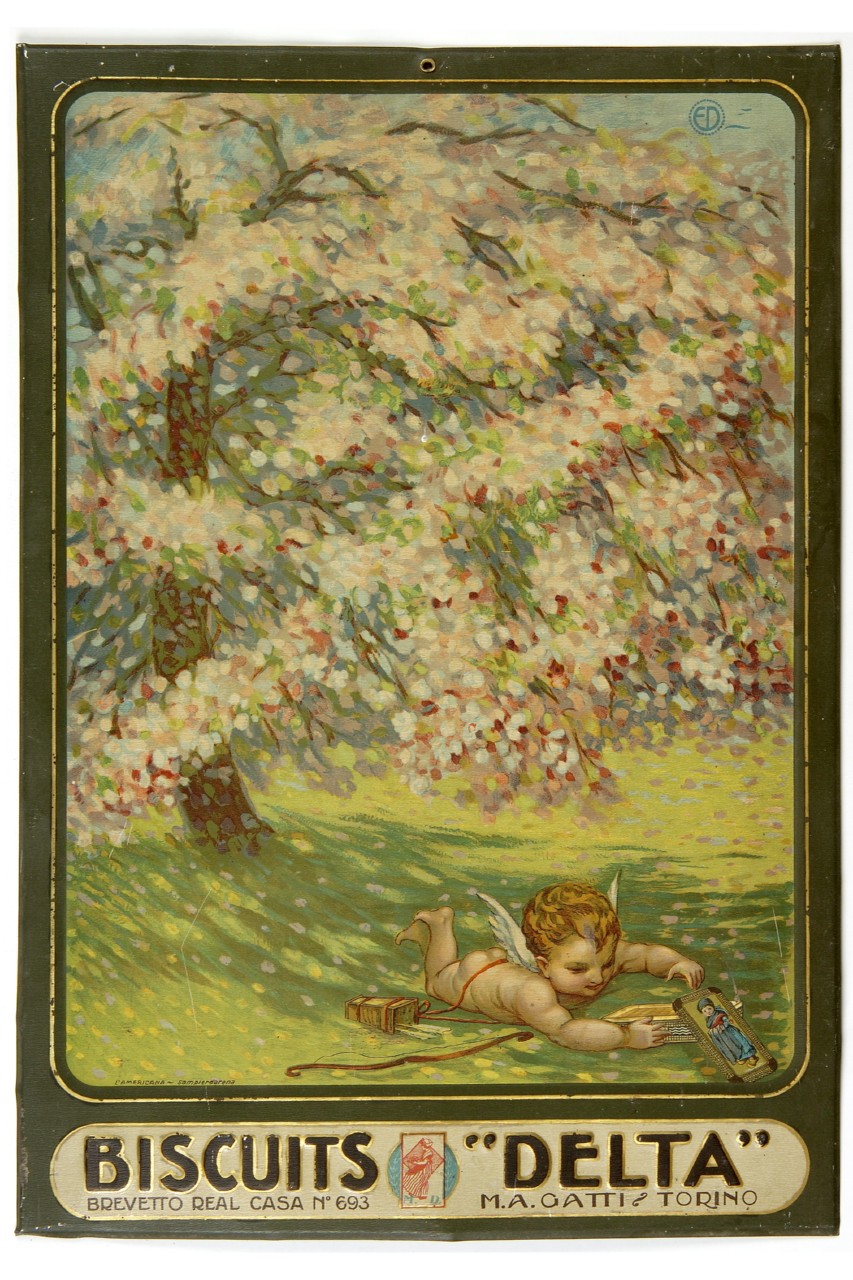 Cupido sotto un albero fiorito apre una scatola di biscotti (tabella) - ambito italiano (primo quarto XX)