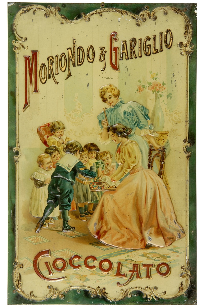 signora offre cioccolatini a dei bambini (tabella) di Della Valle Alberto (fine XIX)