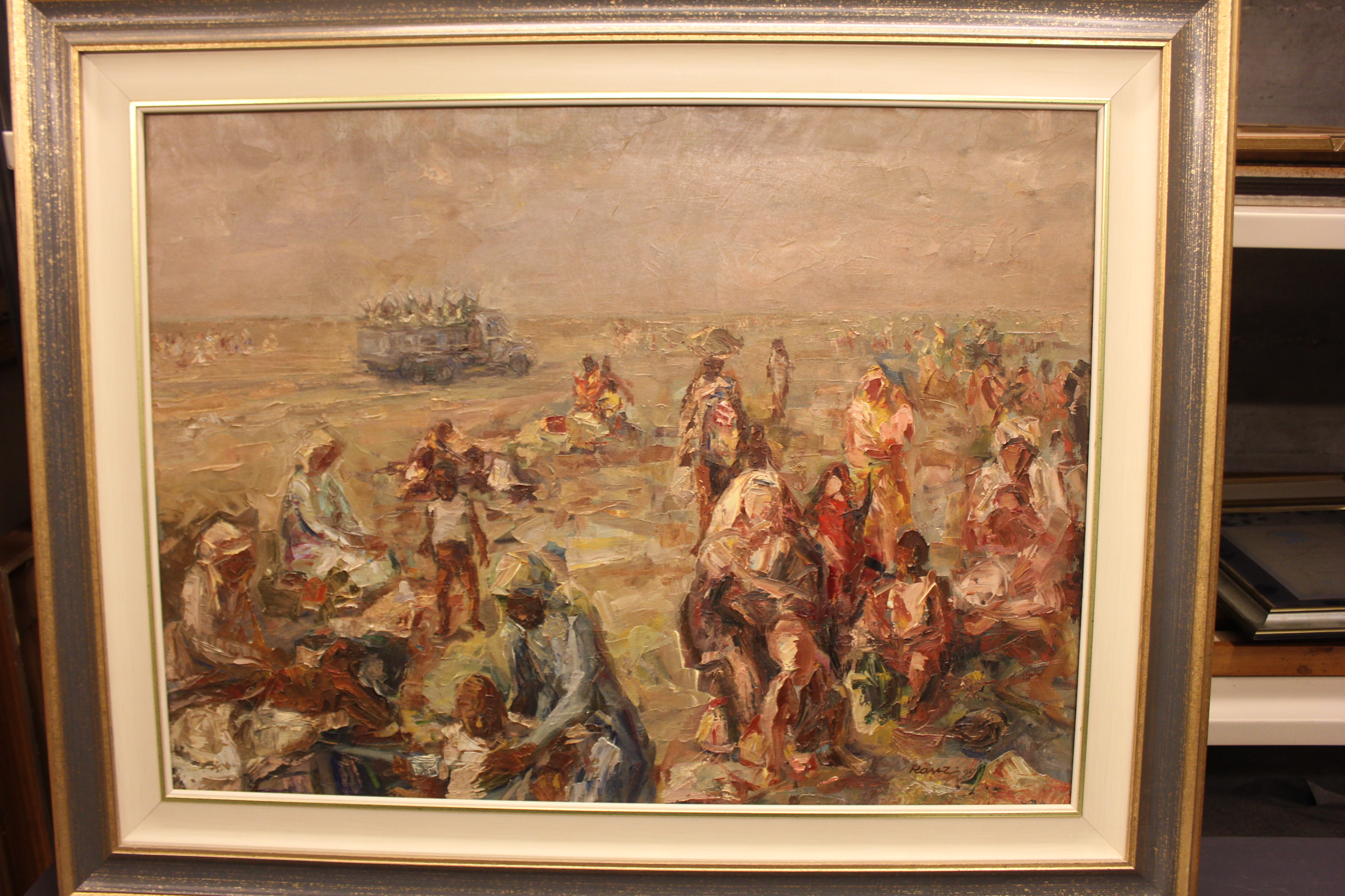 Terzo Mondo, Profughi in un luoghi desertico vicino una strada con una camonietta di soldati (dipinto, opera isolata) di Ranzi, Angelo (XX)