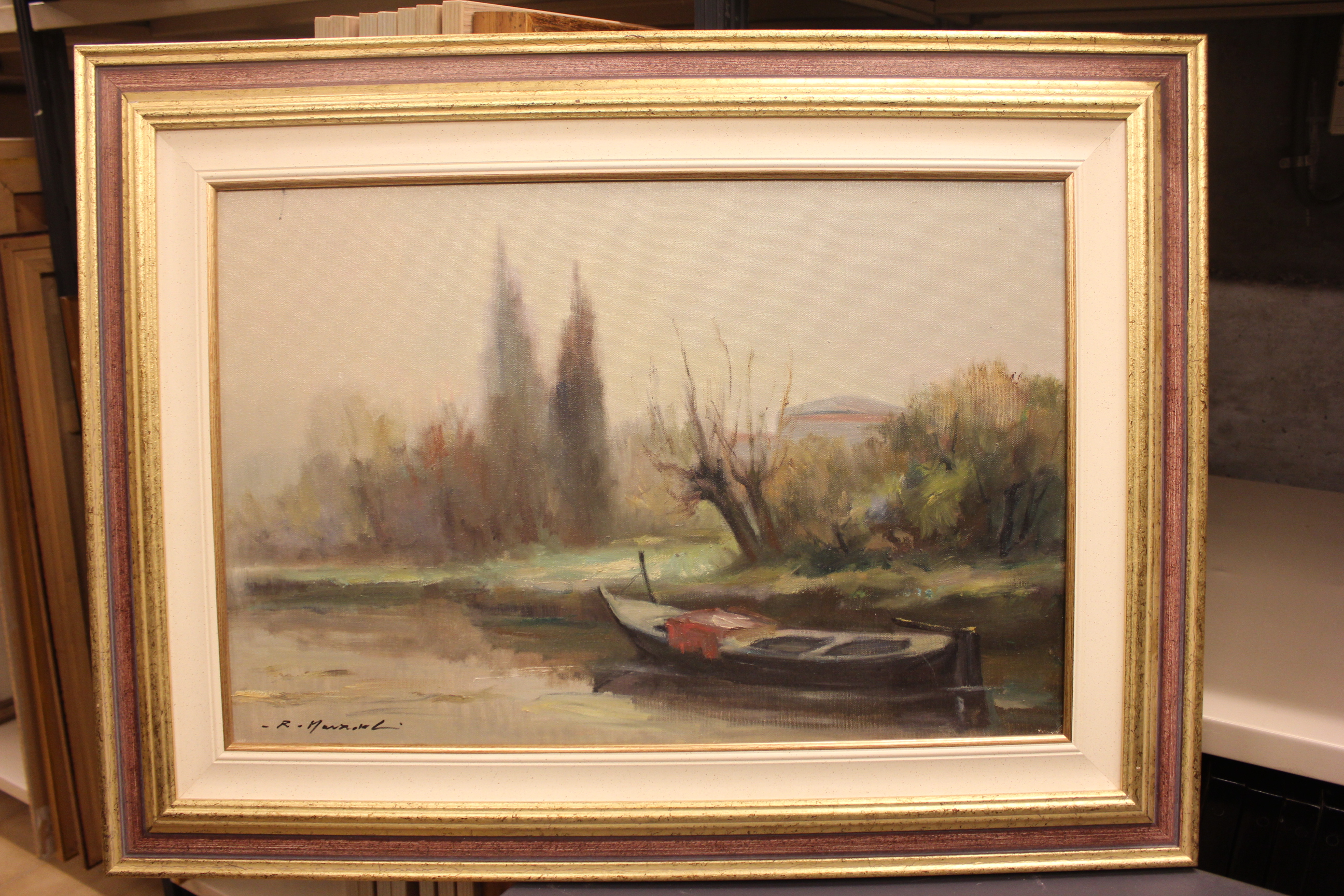 Barca in attesa, Paesaggio con un fiume e una barca ormeggiata (dipinto, opera isolata) di Marzocchi Riccardo (ultimo quarto XX)