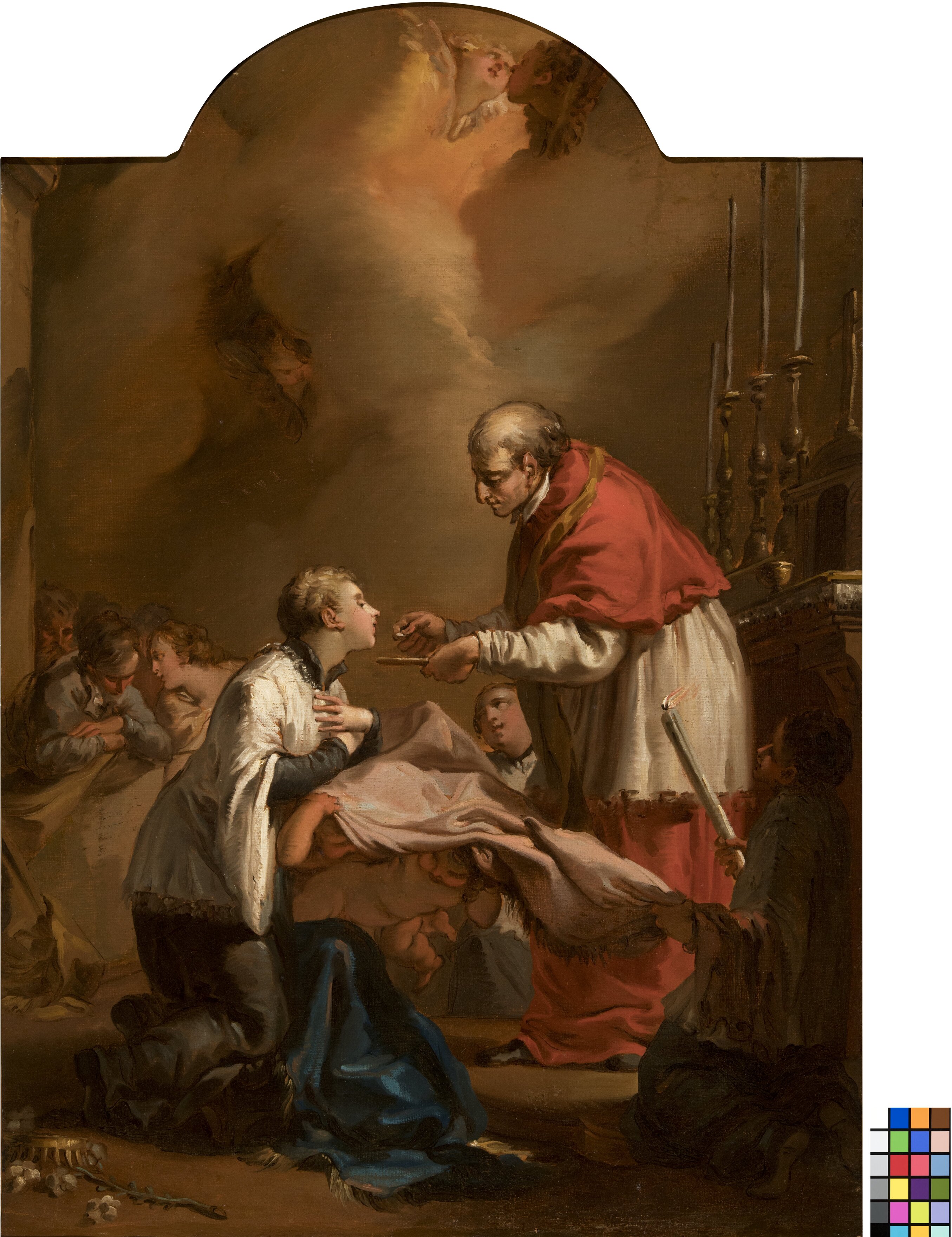 San Luigi Gonzaga riceve la prima comunione da San Carlo Borromeo (dipinto, opera isolata) di Gandolfi, Mauro (XVIII)