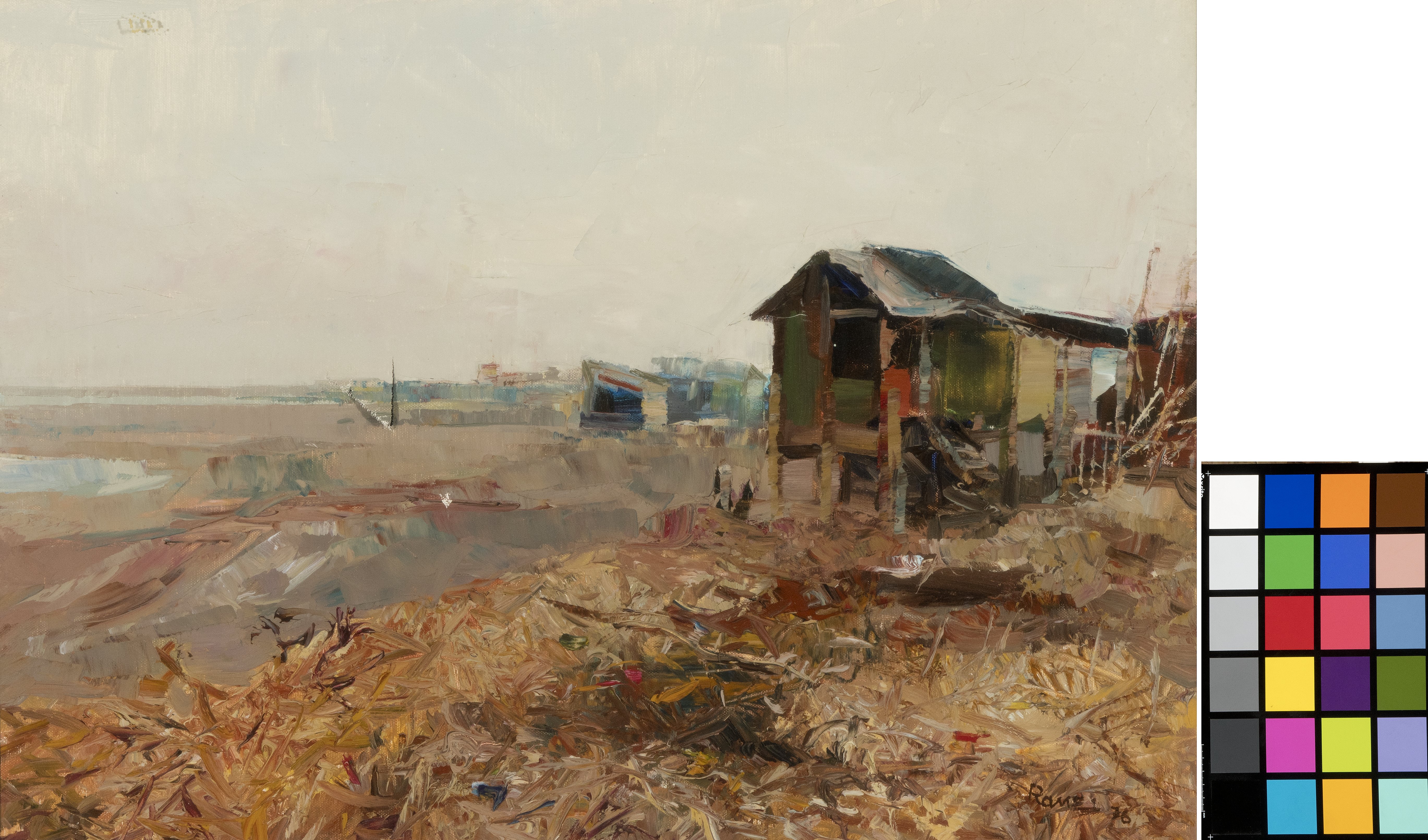 Il mare ai Fiumi Uniti, Paesaggio marino con fiume in secca e un bilancione (dipinto, opera isolata) di Ranzi, Angelo (XX)