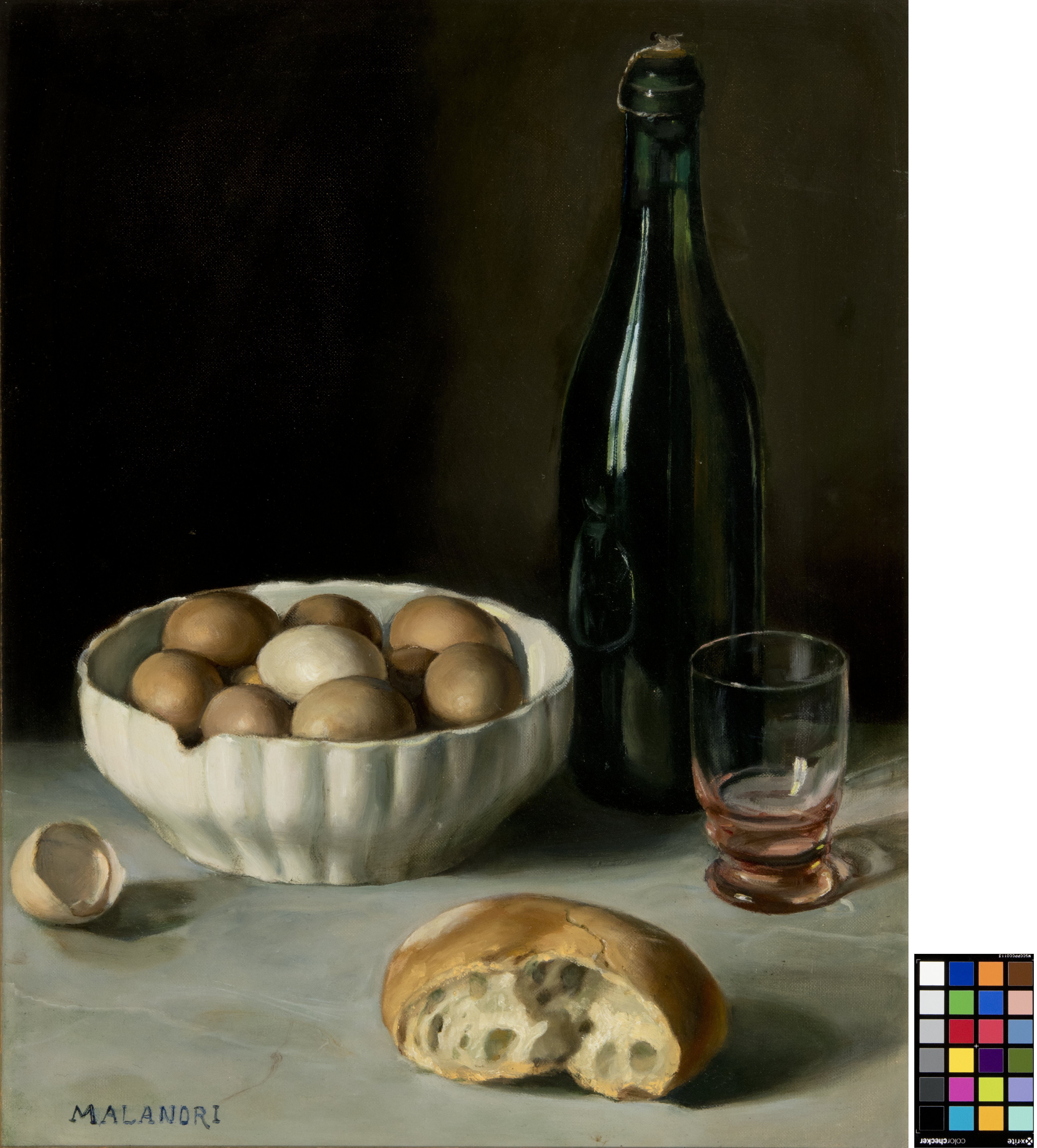 Natura morta con uova, Natura morta con pane, uova e vino (dipinto, opera isolata) di Malandri Miria (ultimo quarto XX)