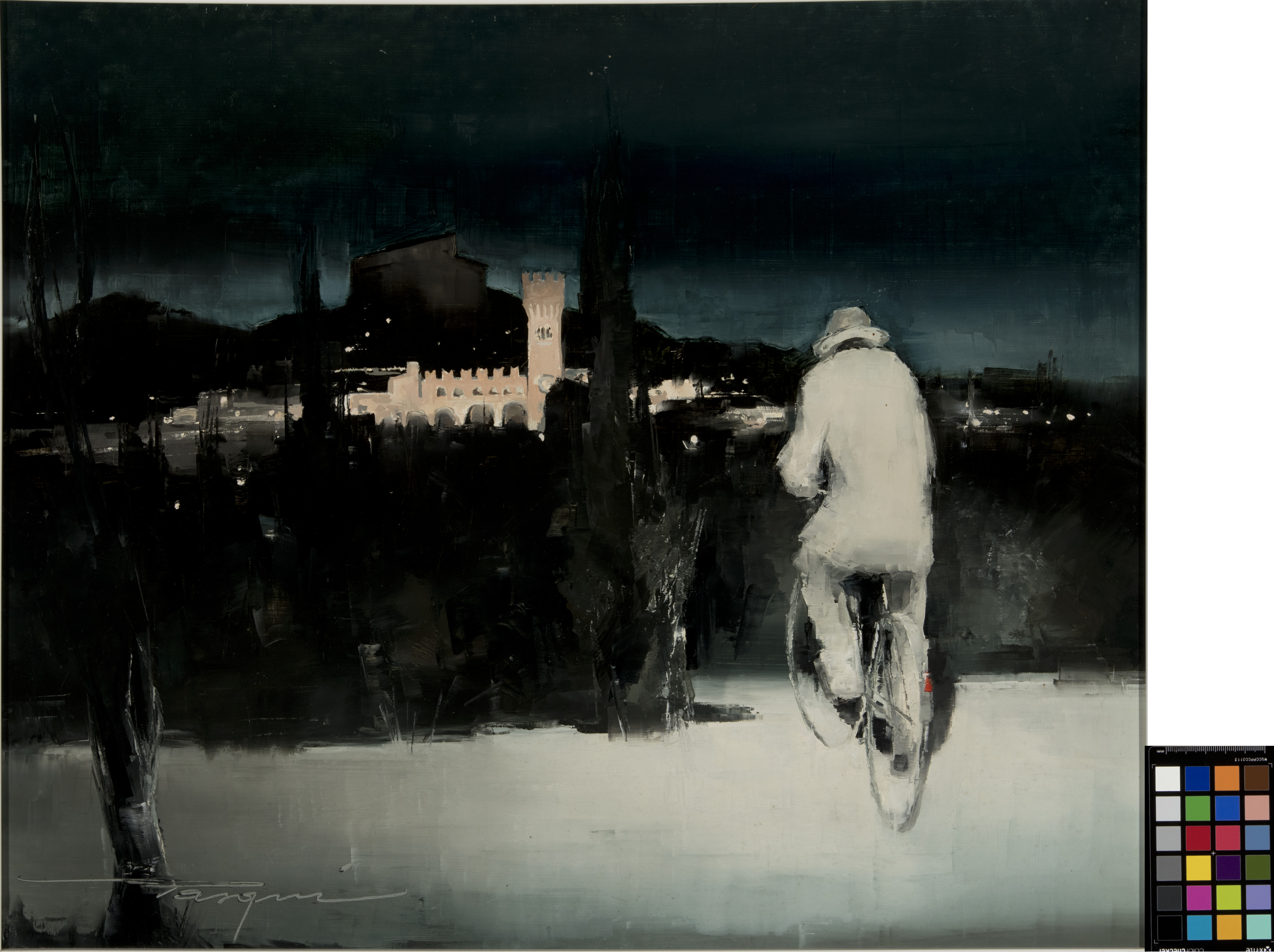 E mont 'd Bartnöra 'd not, Uomo in bicicletta con paesaggio notturno del borgo di Bertinoro (dipinto, opera isolata) di Pasqui Enzo (ultimo quarto XX)