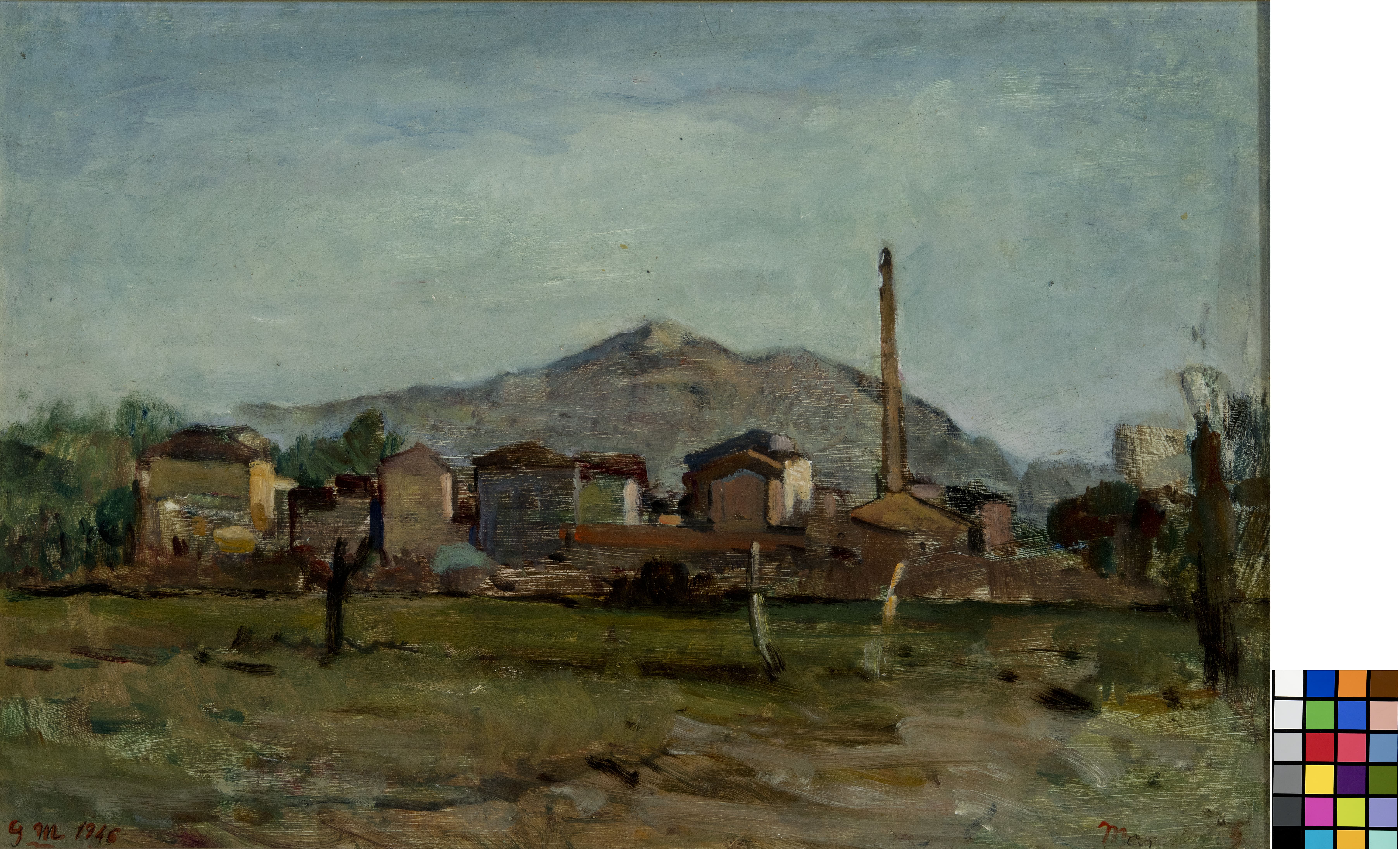 Un paesaggio con fornace, Paesaggio con villaggio, case e camino di fornace (dipinto, opera isolata) di Mandolesi Gino (XX)