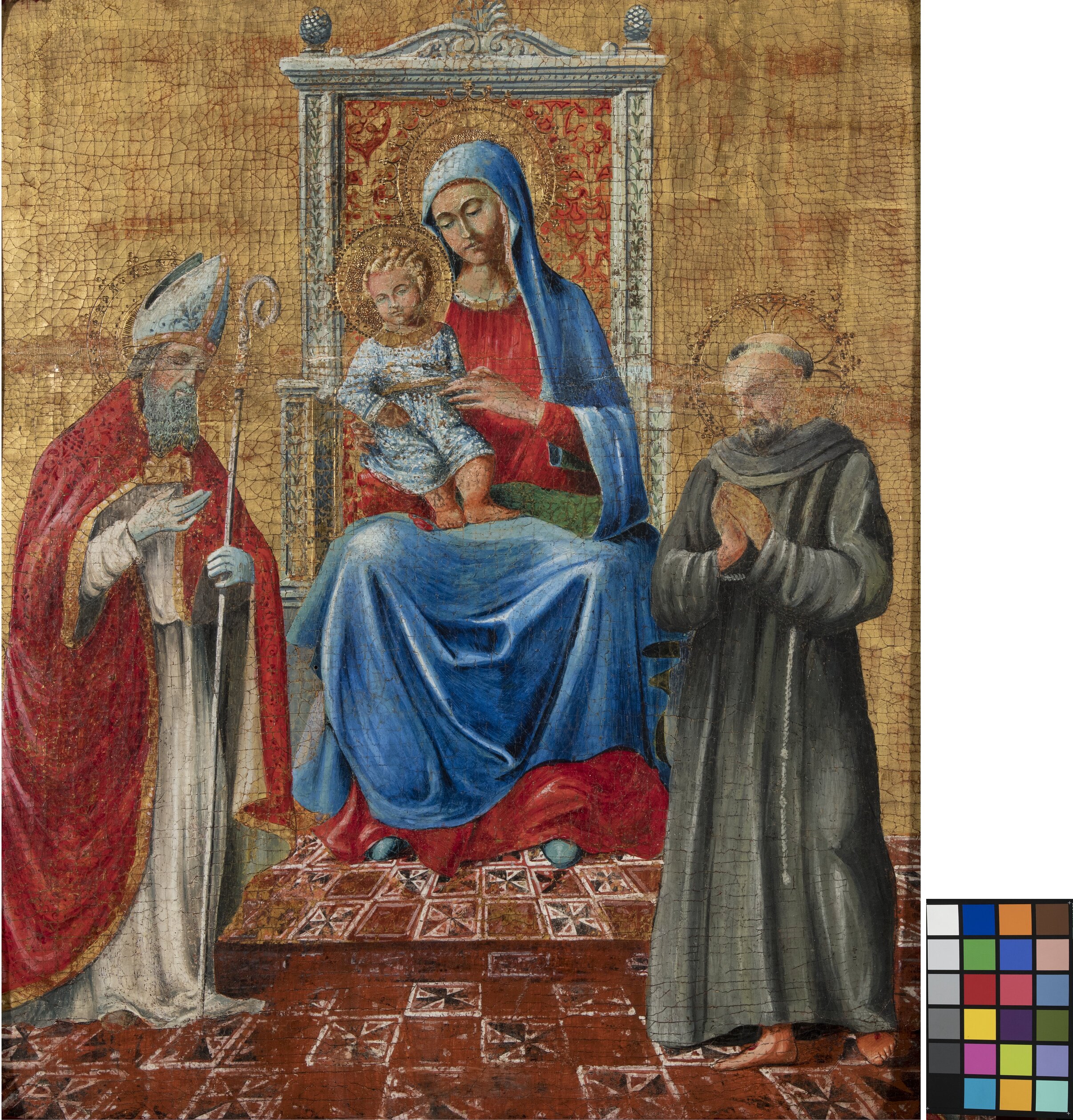 Madonna in trono col Bambino, un santo vescovo e San Francesco d'Assisi (?) (dipinto, opera isolata) - ambito Italia centrale (fine/ inizio XV/ XVI)