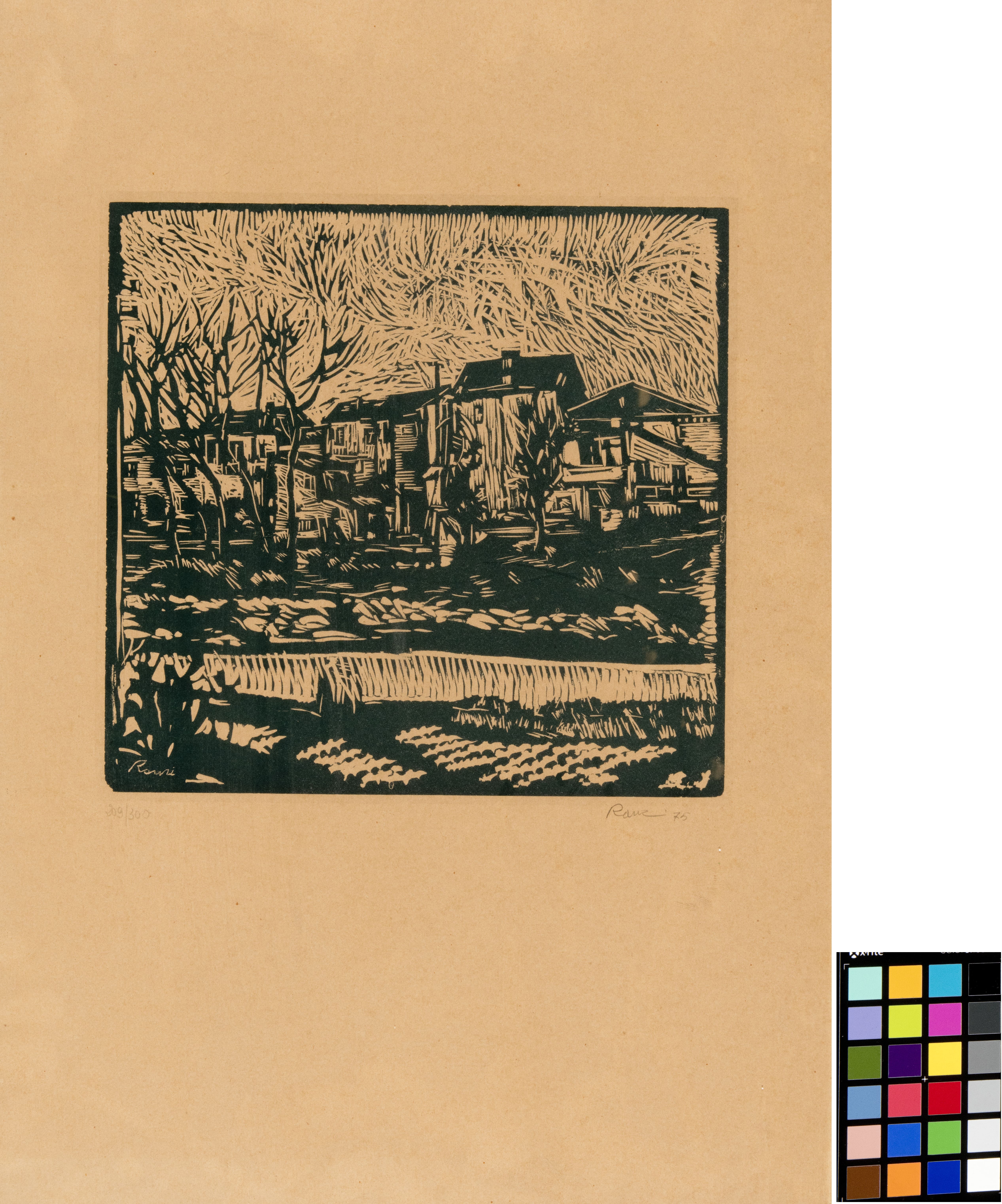 gruppo di case, paesaggio con gruppo di case (stampa) di Ranzi, Angelo (XX)