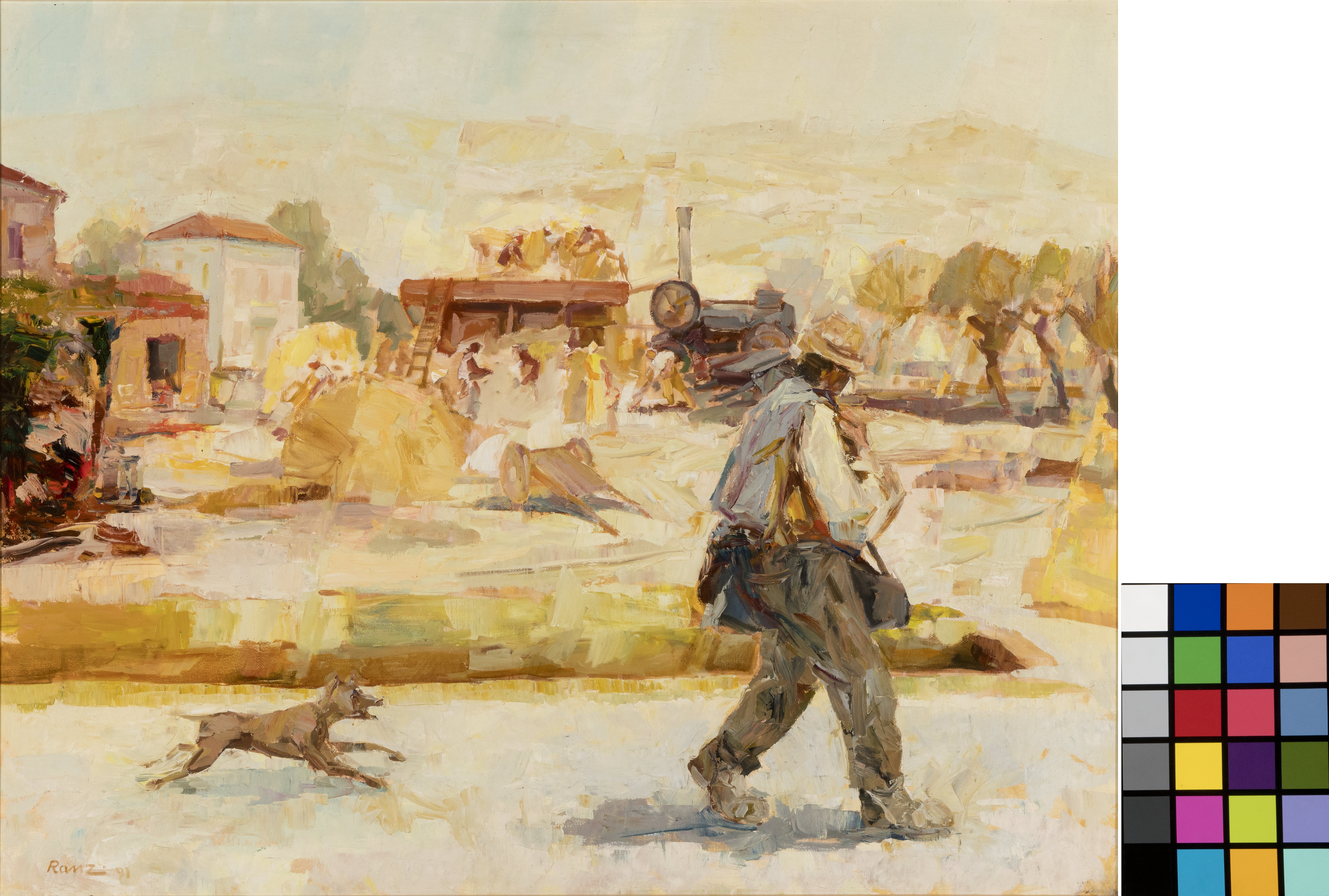 Patria G. Pascoli, Paesaggio urbano con scena di mercato agricolo (dipinto, opera isolata) di Ranzi, Angelo (XX)