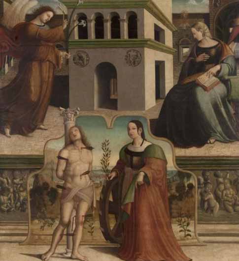Annunciazione e santi (dipinto, opera isolata) di Fantoni Francesco (attribuito) (fine/ inizio secc. XV-XVI)