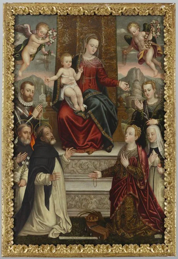 Madonna del Rosario con i Santi Domenico, Vincenzo Ferrer, Costanzo da Brescia, Caterina d'Alessandria, Caterina da Siena e Barbara, Vergine in trono (dipinto) di Mombello, Luca (seconda metà XVI)