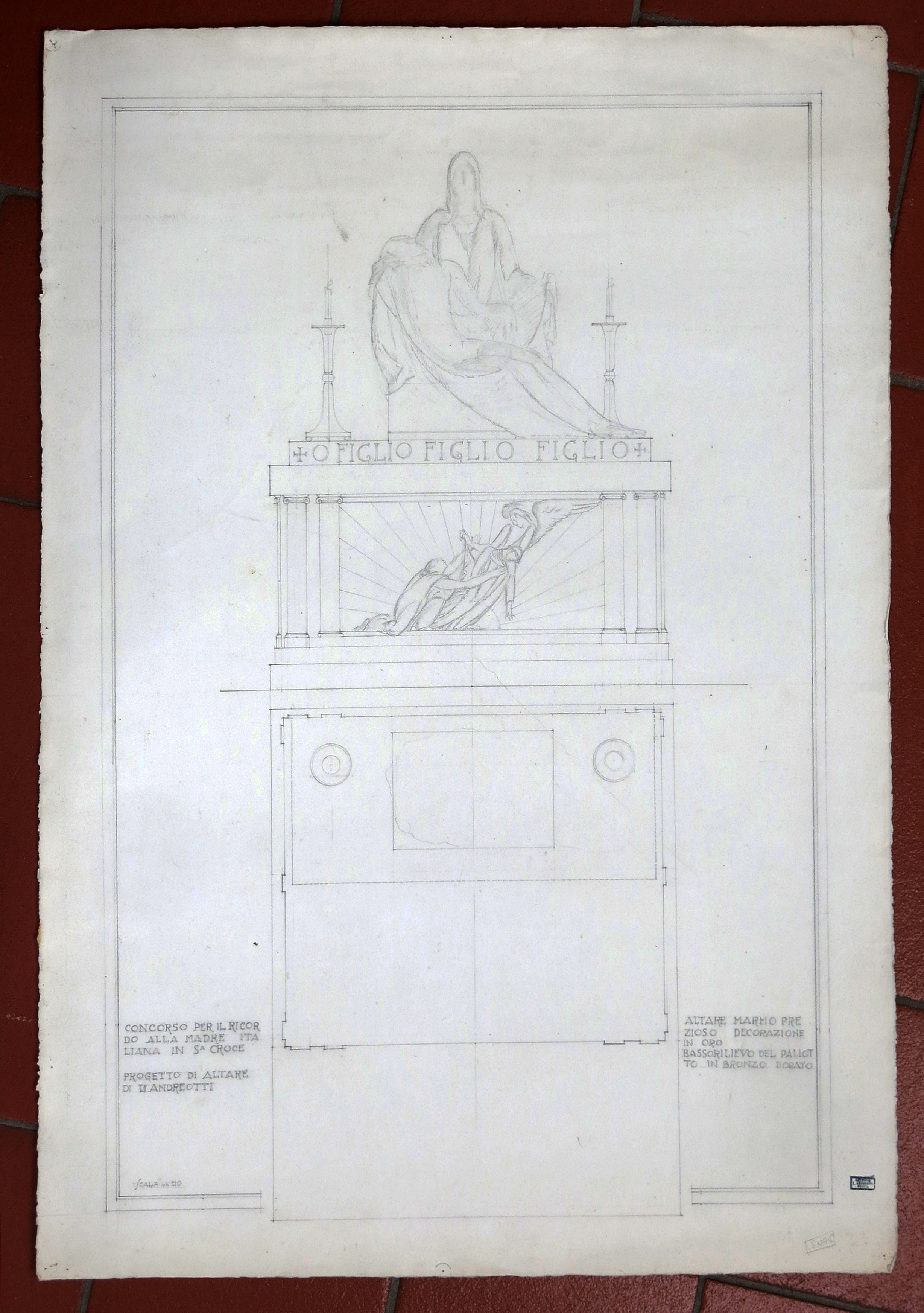 Progetto per la cappella votiva alla Madre Italiana (disegno architettonico) di Andreotti Libero (primo quarto XX)