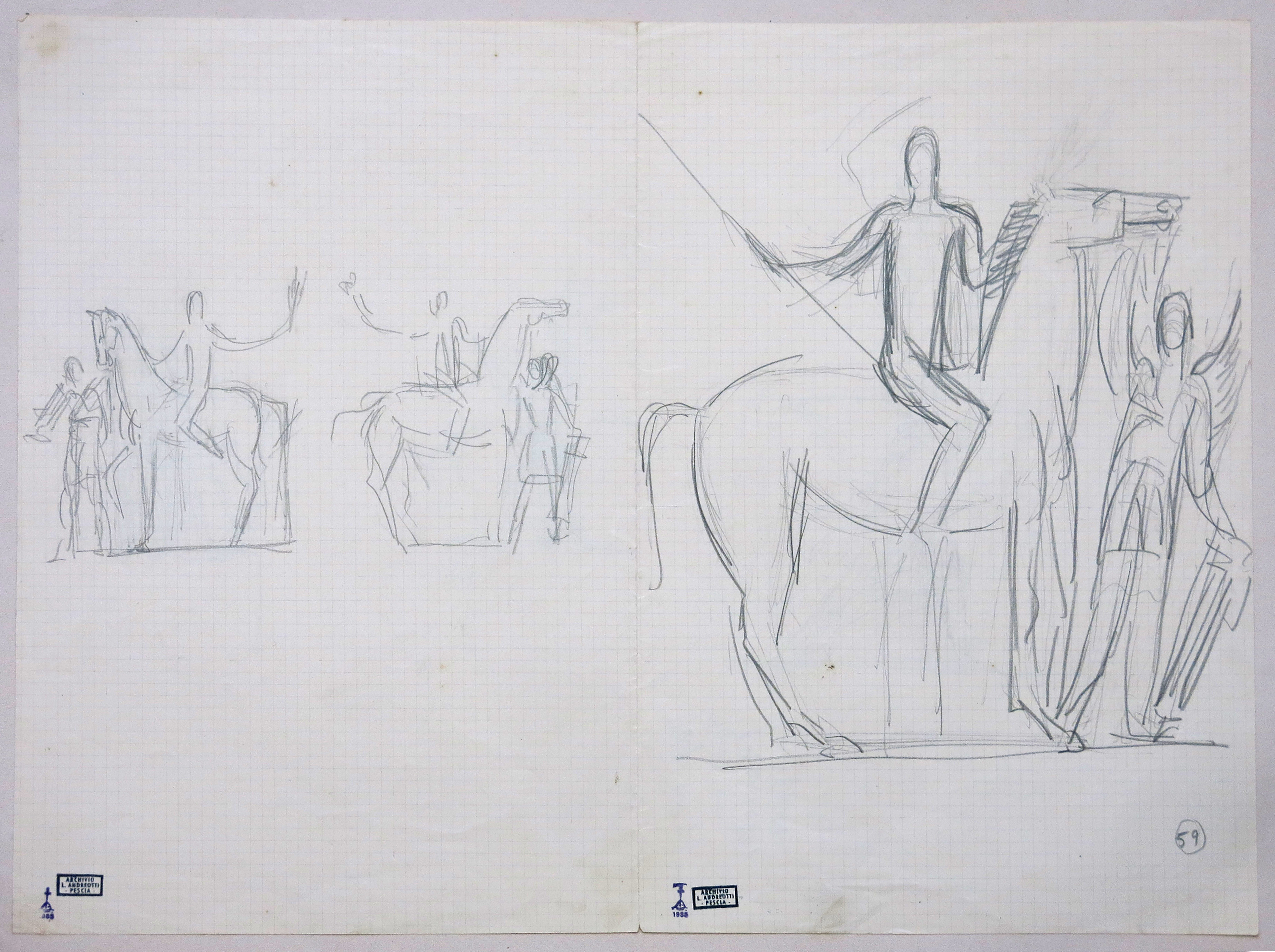 Studi per il gruppo scultoreo dell'Eroe a cavallo e la Vittoria del monumento ai caduti di Milano (disegno preparatorio) di Andreotti Libero (prima metà XX)