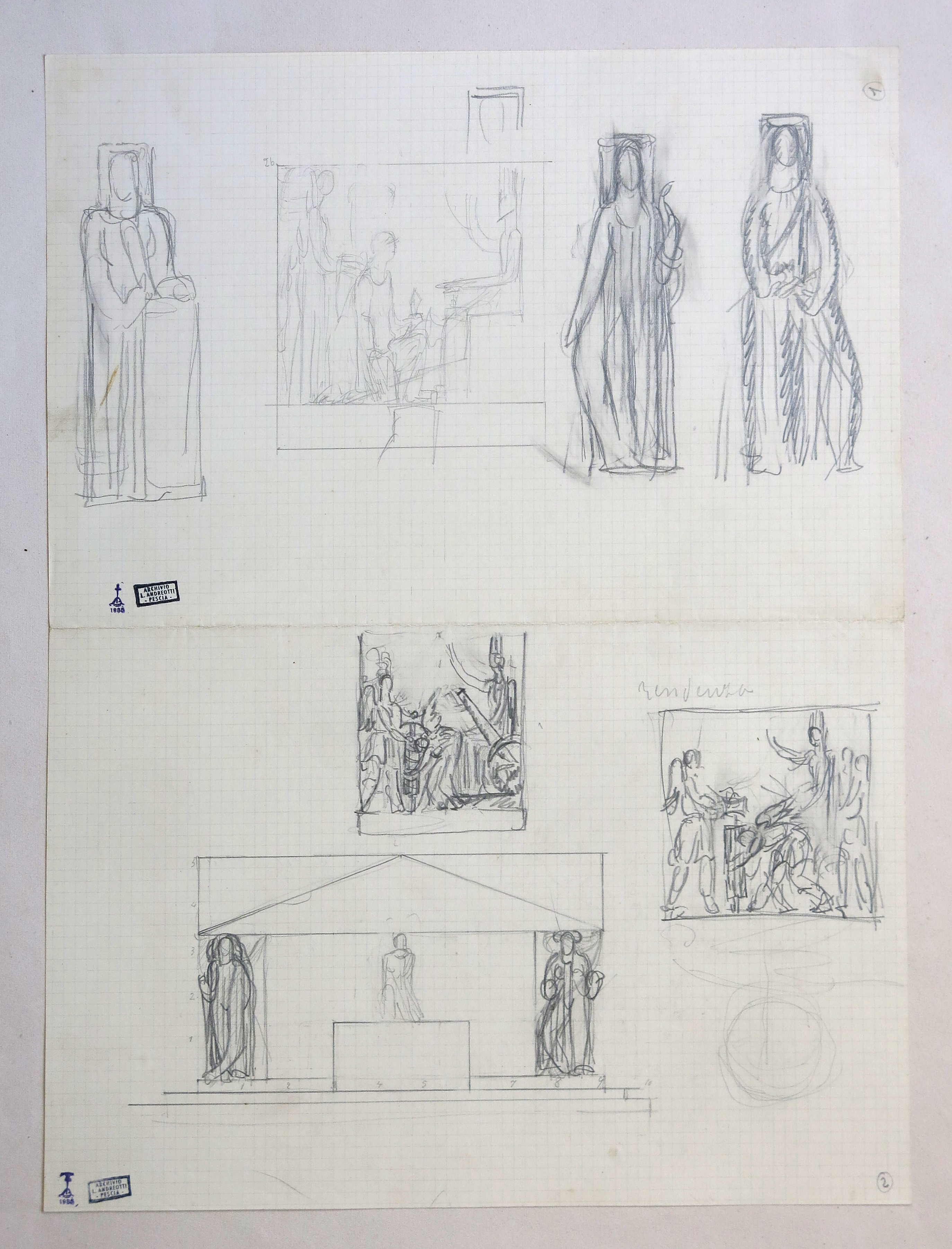 Studi per le Virtù e per il rilievo de L'Italia che incorona un soldato del Monumento alla Vittoria di Bolzano (disegno preparatorio) di Andreotti Libero (prima metà XX)