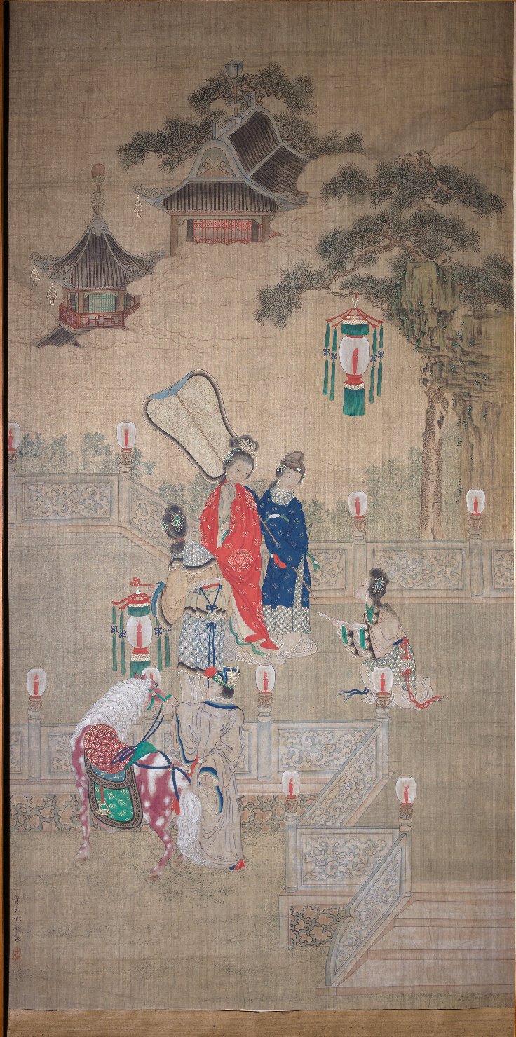 scena di corte su una terrazza con lanterne (pannello, elemento d'insieme) di Bao Fu Chou Ying (fine/ inizio secc. XVIII/ XIX)