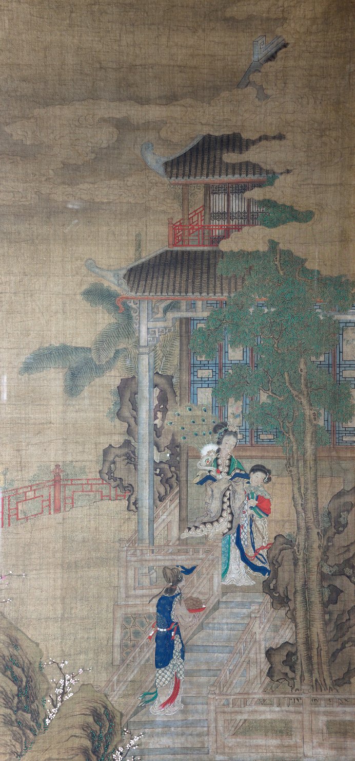 scena di corte su una terrazza con lanterne (pannello, elemento d'insieme) di Bao Fu Chou Ying (fine/ inizio secc. XVIII/ XIX)