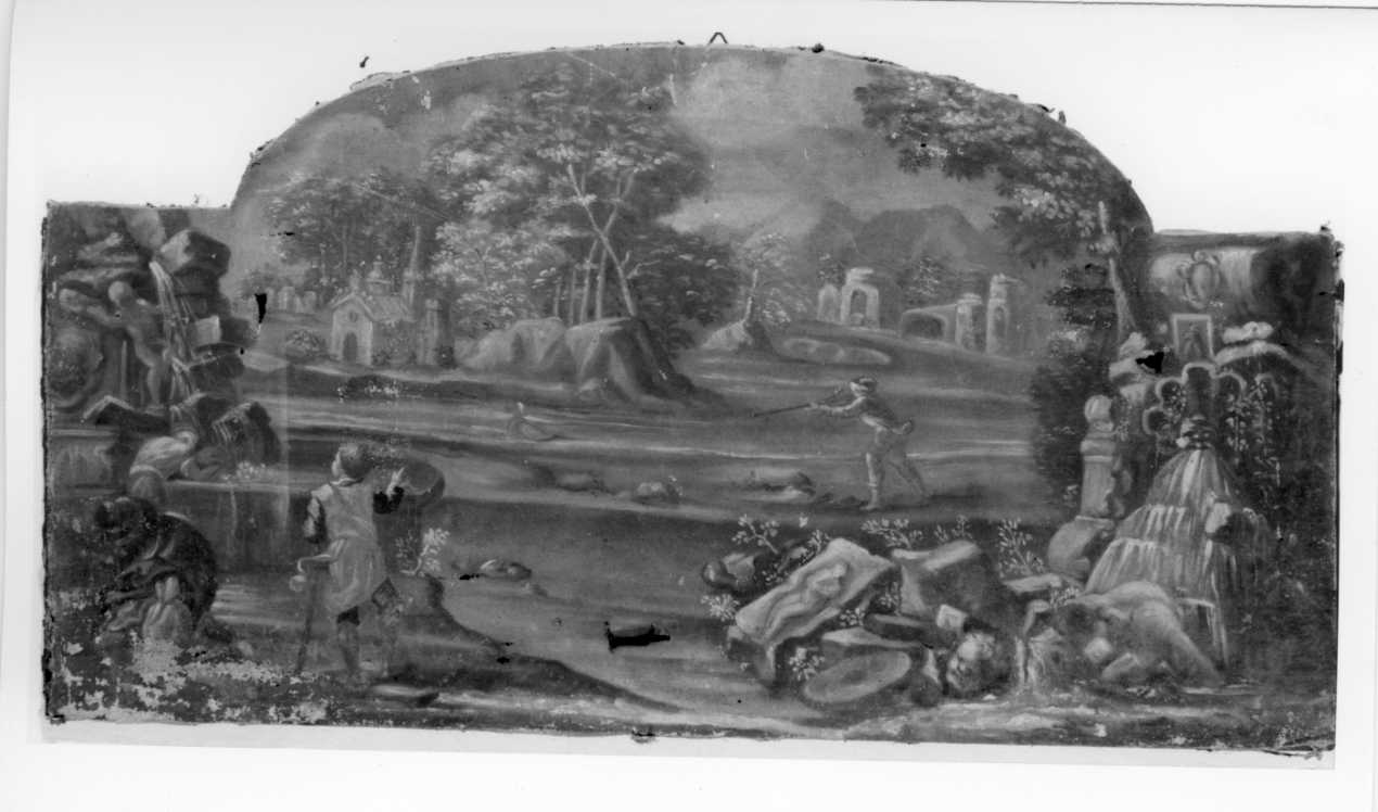 Paesaggio con ruscello, fontane, rovine, figure e cacciatore (dipinto) - ambito emiliano-romagnolo (seconda metà sec. XVIII)