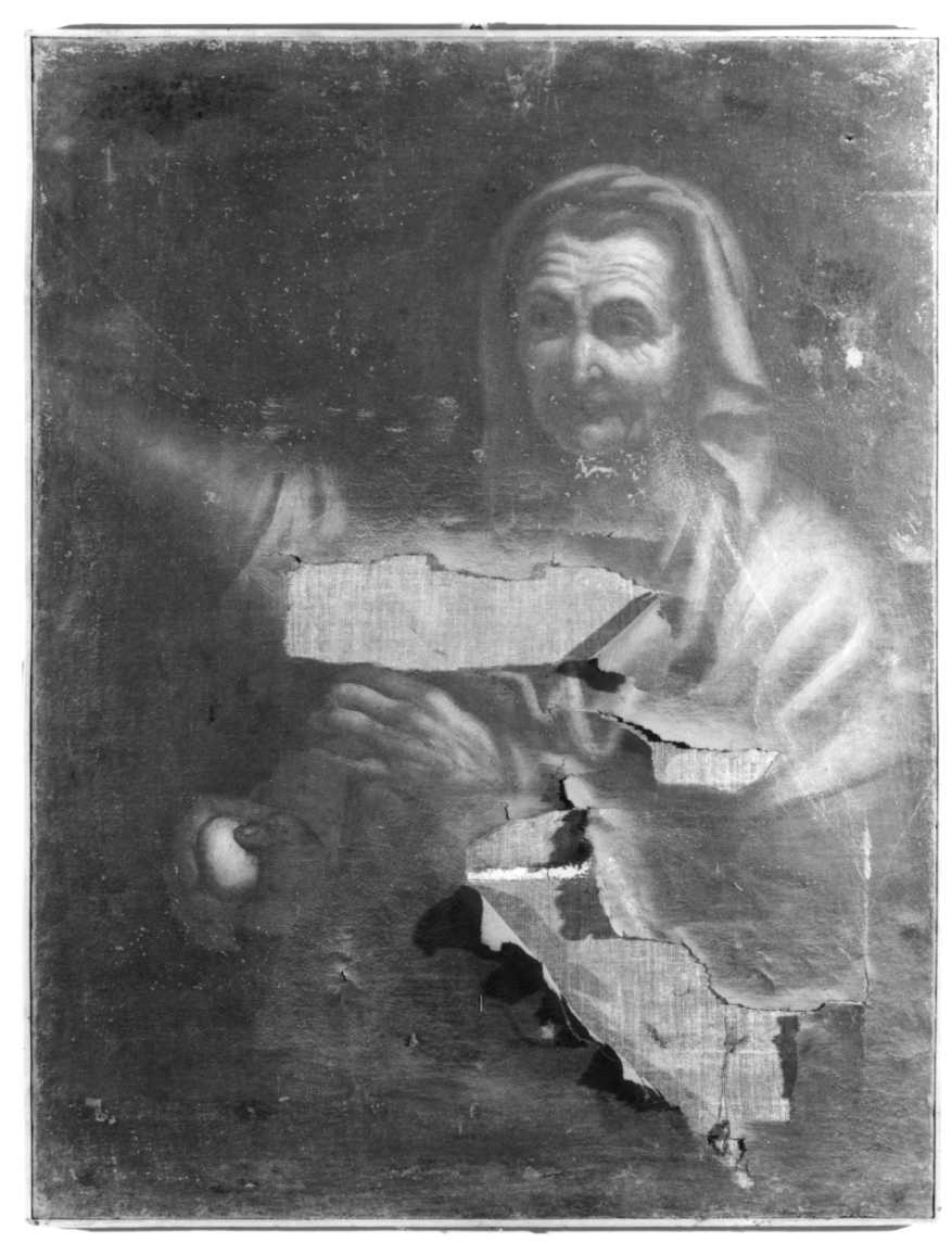 vecchia che regge un uovo (dipinto) - ambito romagnolo (seconda metà sec. XVII)