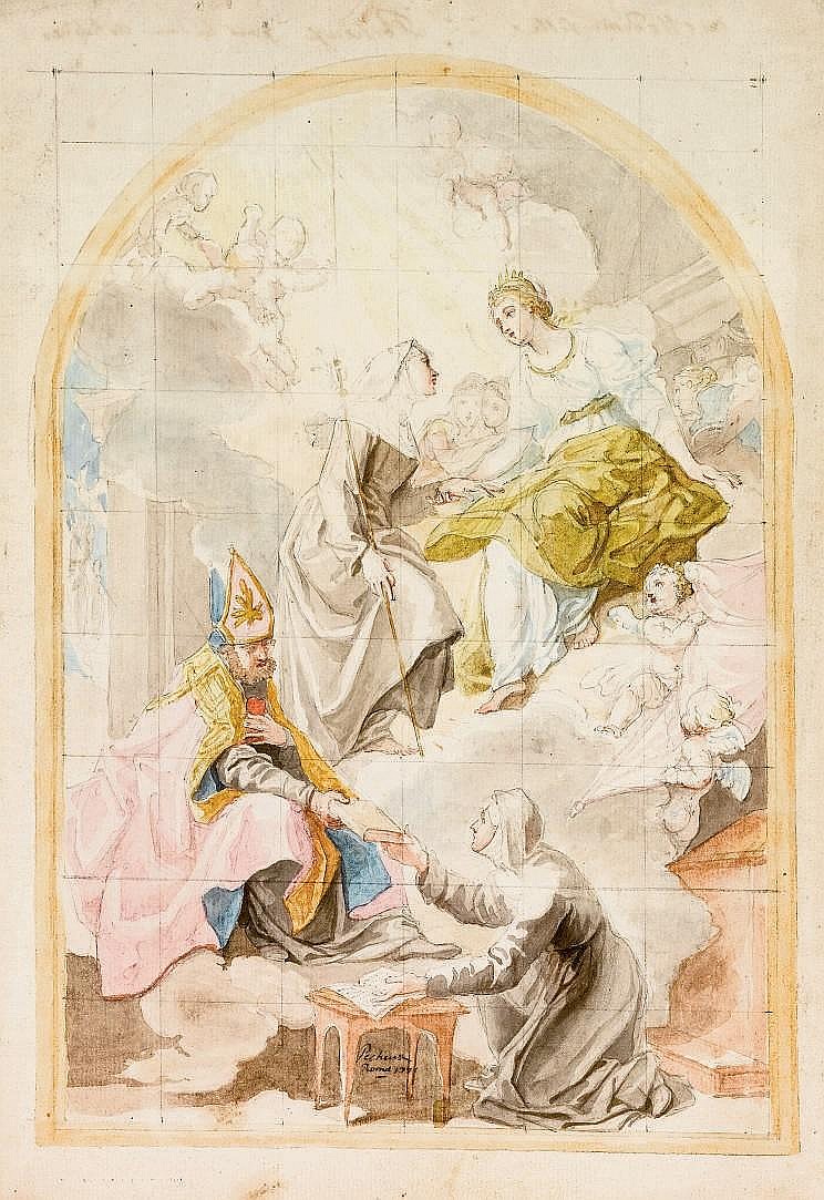 Sant'Orsola, la Beata Angela e Sant'Agostino che da la regola a una religiosa (disegno) di Laurent Pécheux (terzo quarto XVIII)