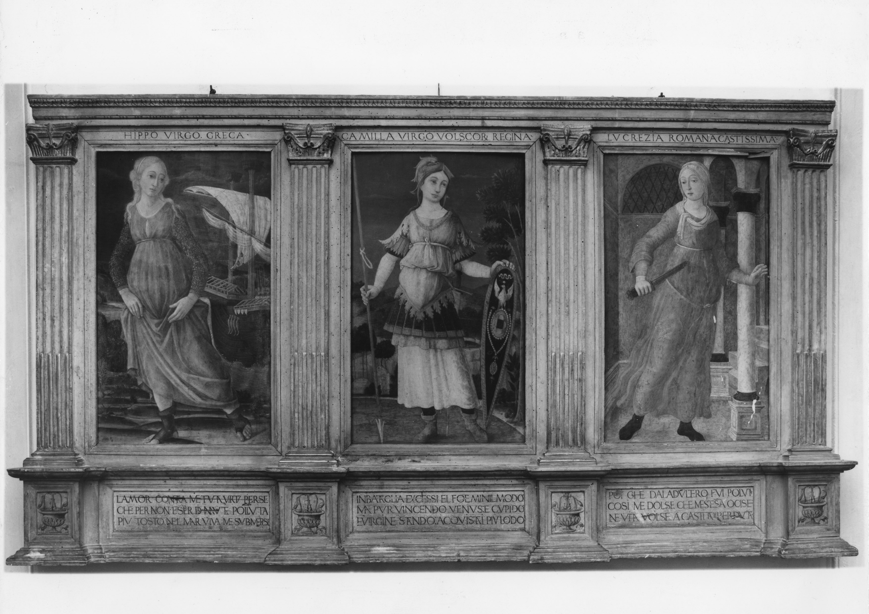 Ippodamia, Camilla, Lucrezia (spalliera - dipinta, opera isolata) di Cozzarelli Guidoccio (attribuito) (fine XV)
